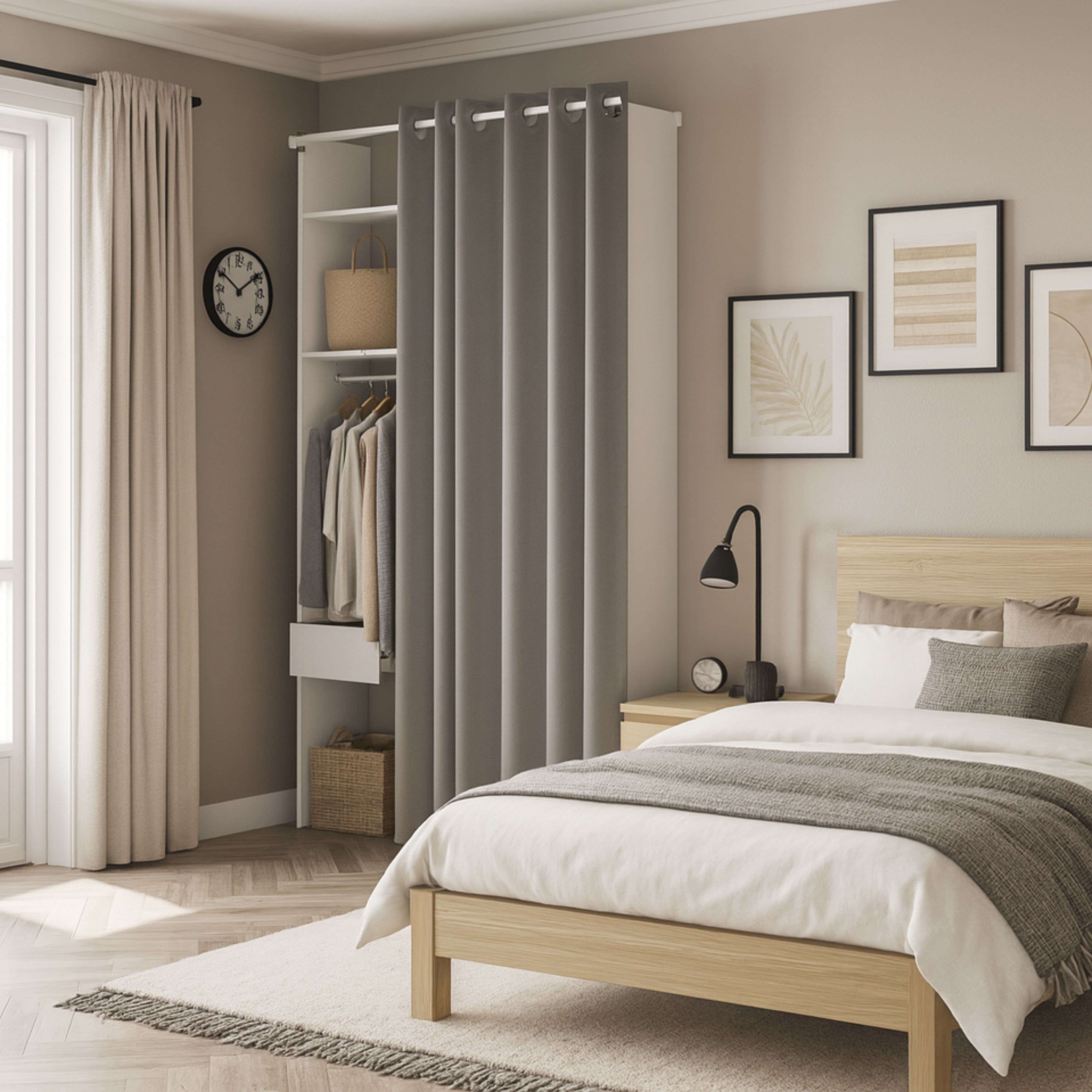 Un dormitorio con cama, mesita de noche, armario y reloj de pared.