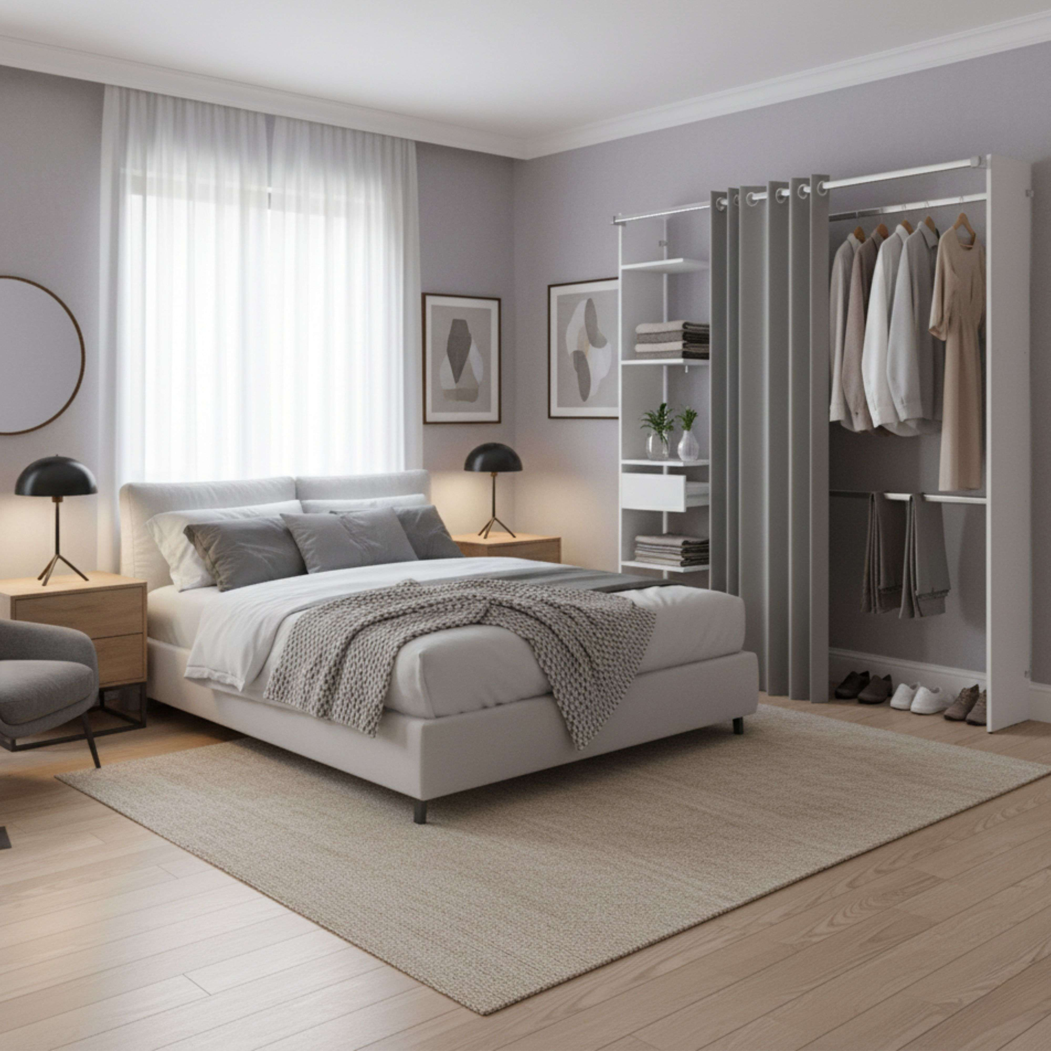 Un dormitorio con cama, armario y zona de asientos.