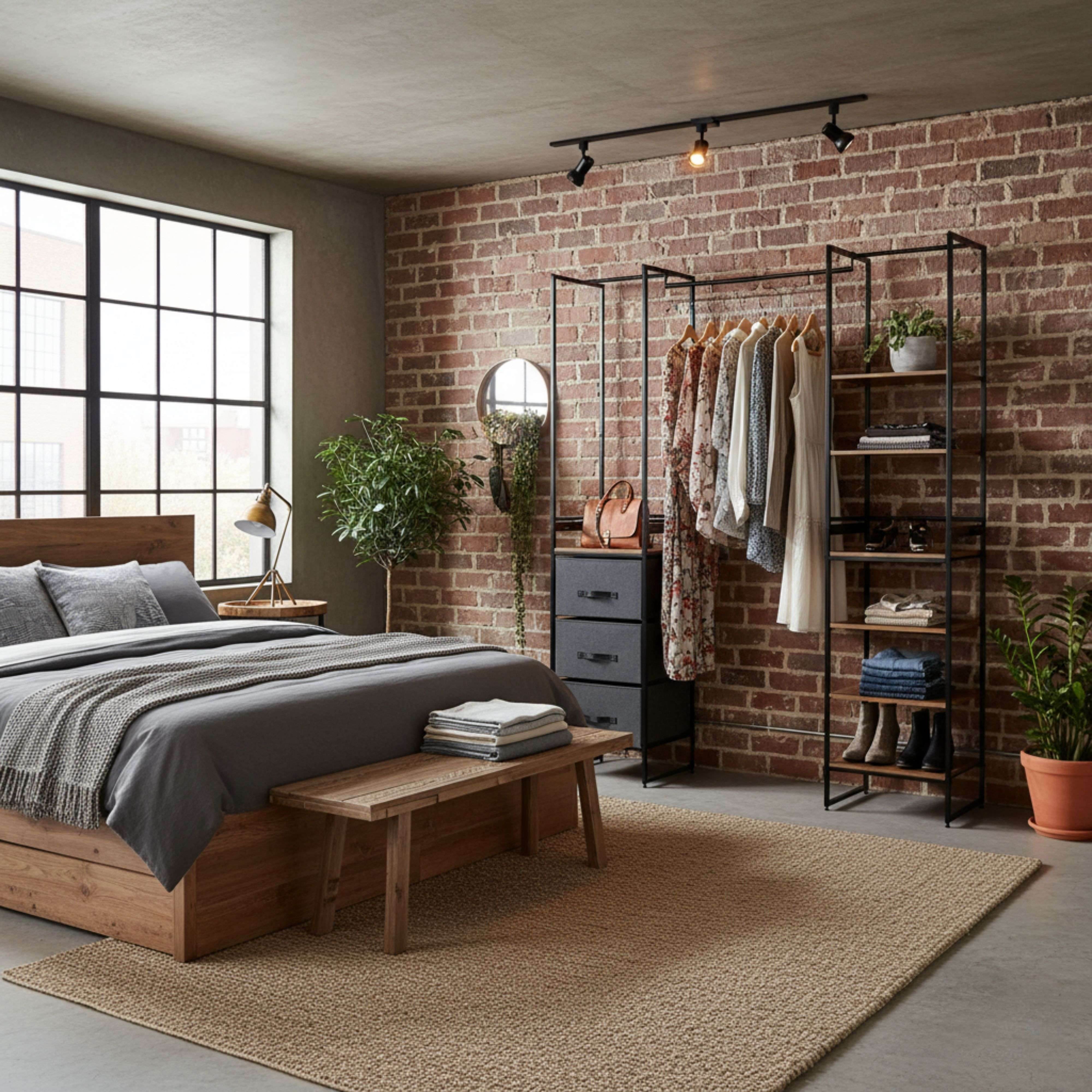 Un dormitorio con cama de madera, perchero, pared de ladrillos y ventana grande.