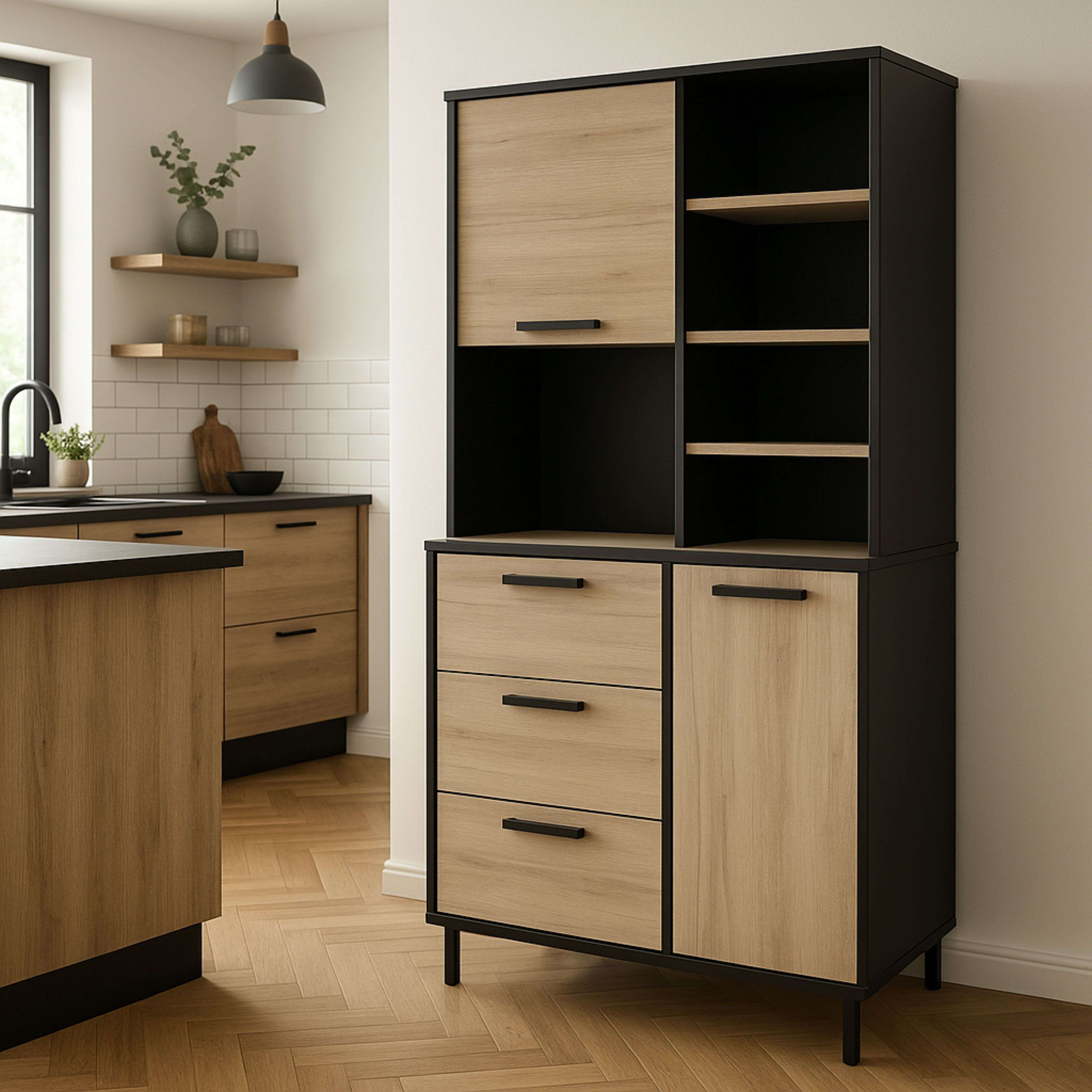 Un mueble de cocina moderno con frentes de madera y detalles negros.