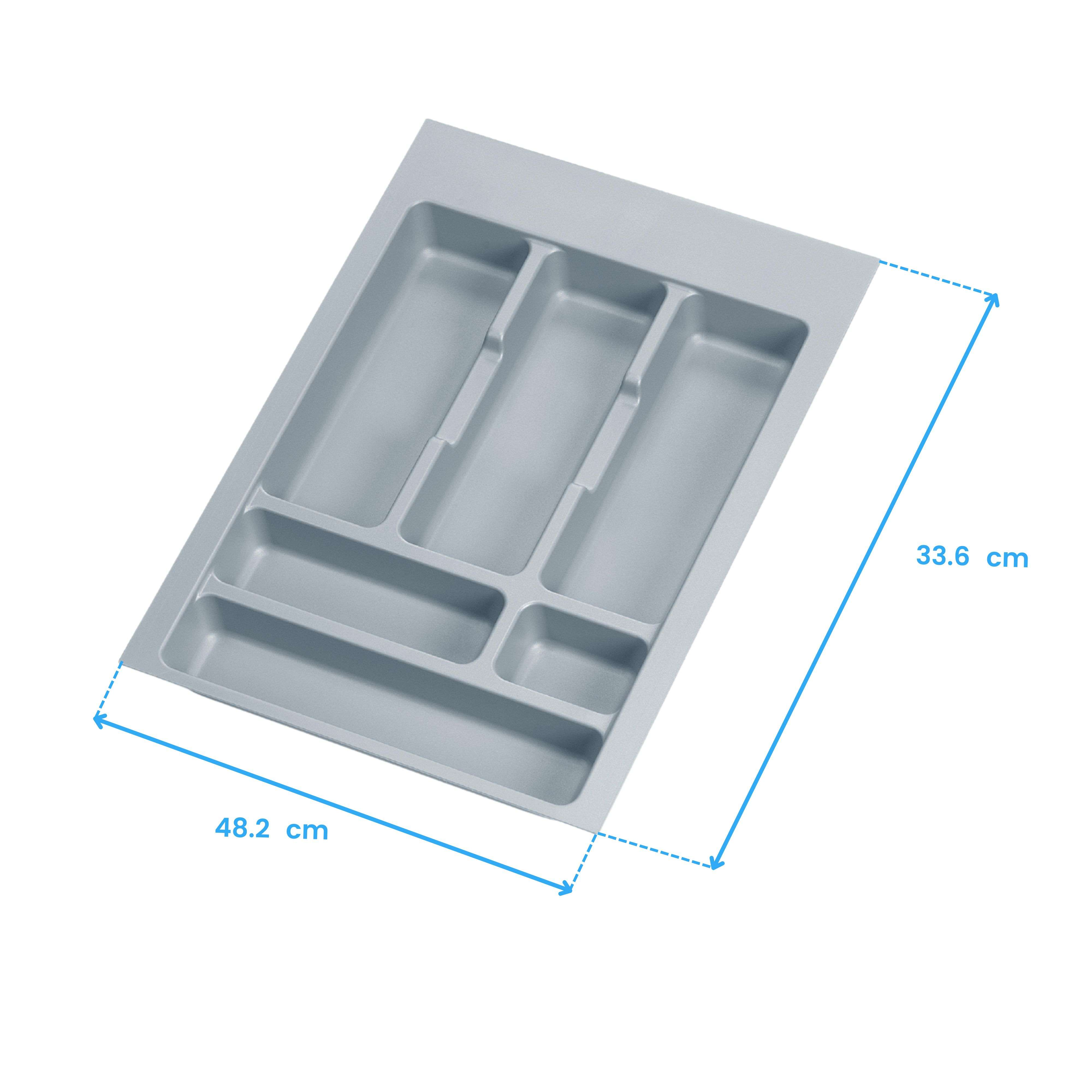 Organizador de cubiertos de plástico gris con compartimentos, 48.2x33.6 cm.