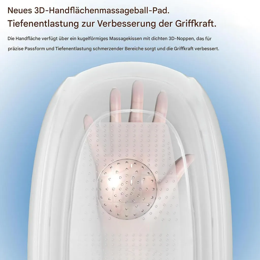 Eine Hand ruht auf einem weißen Massagegerät mit 3D-Noppen.