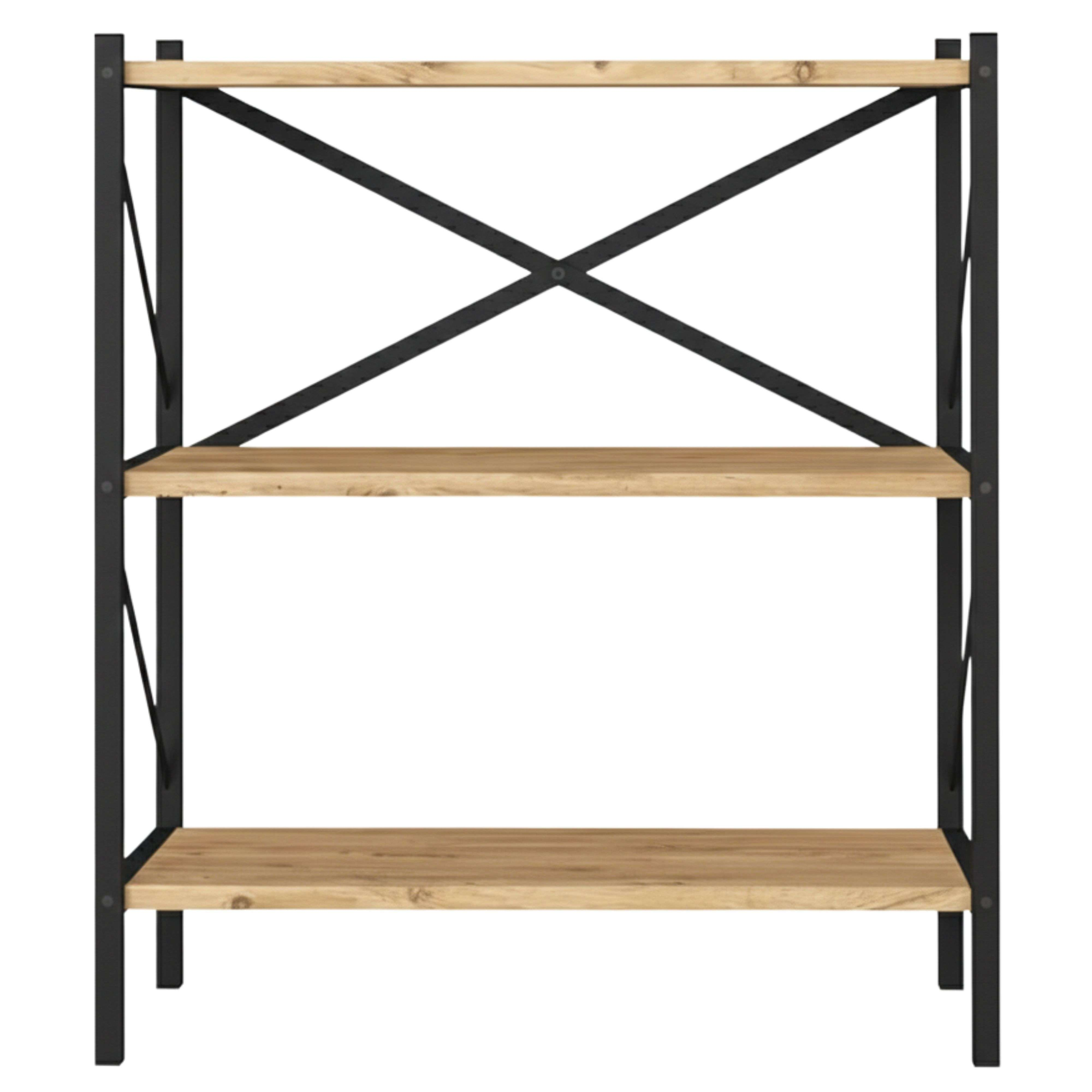 Estantería con dos baldas de madera y marco metálico negro, con refuerzo en X.