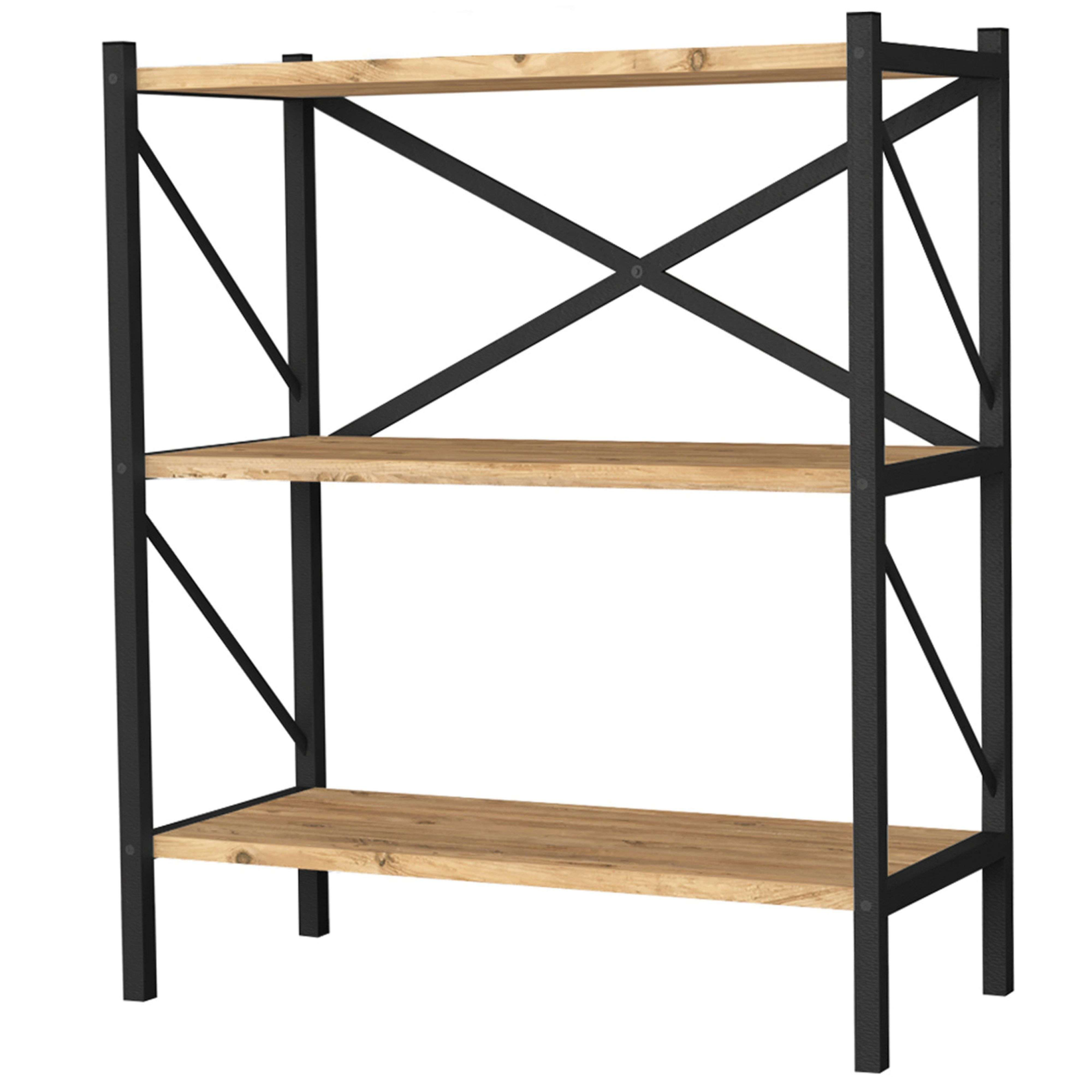 Una estantería con estantes de madera y marco de metal negro.