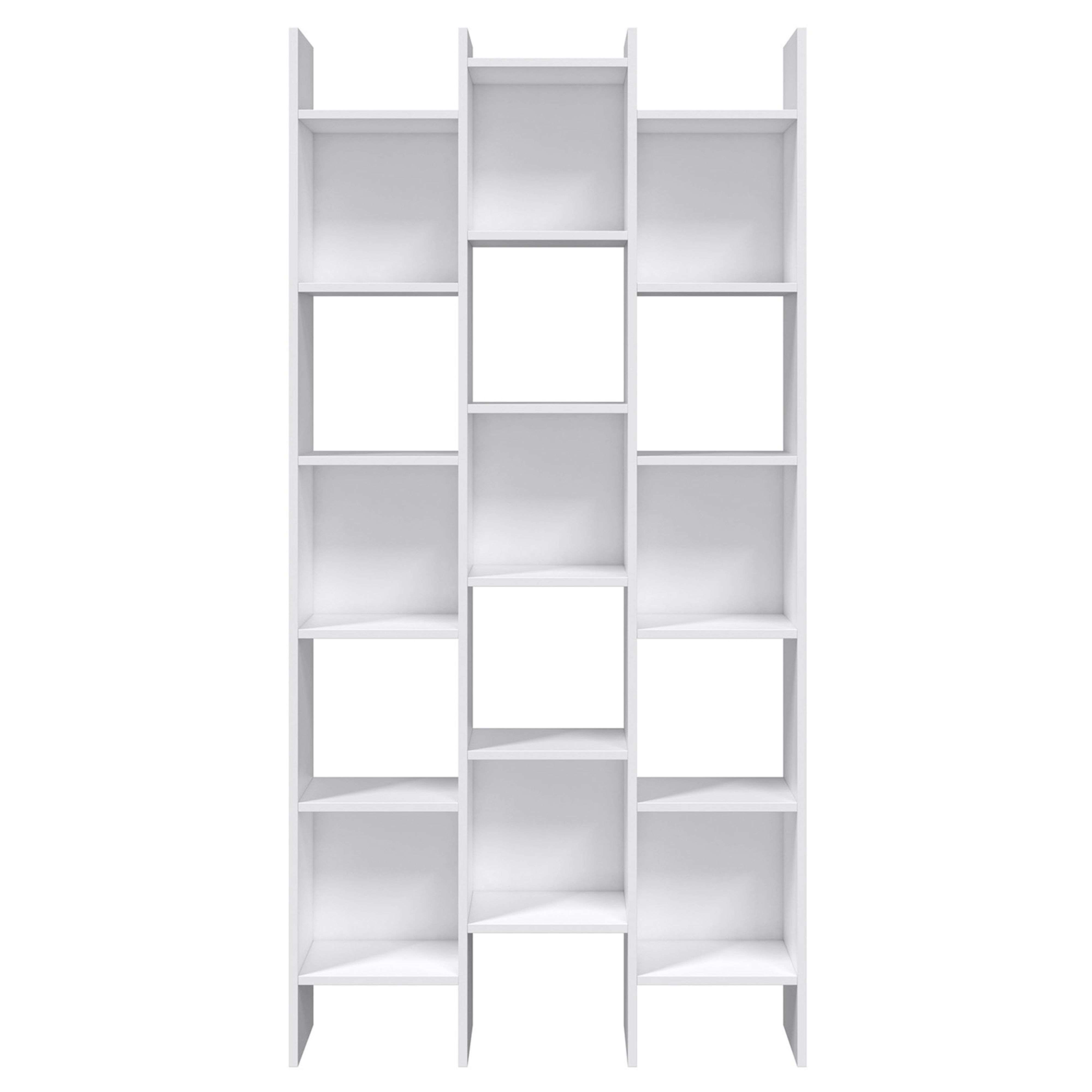 Un mueble de estantería abierto y blanco con varios compartimentos y divisores verticales y horizontales.