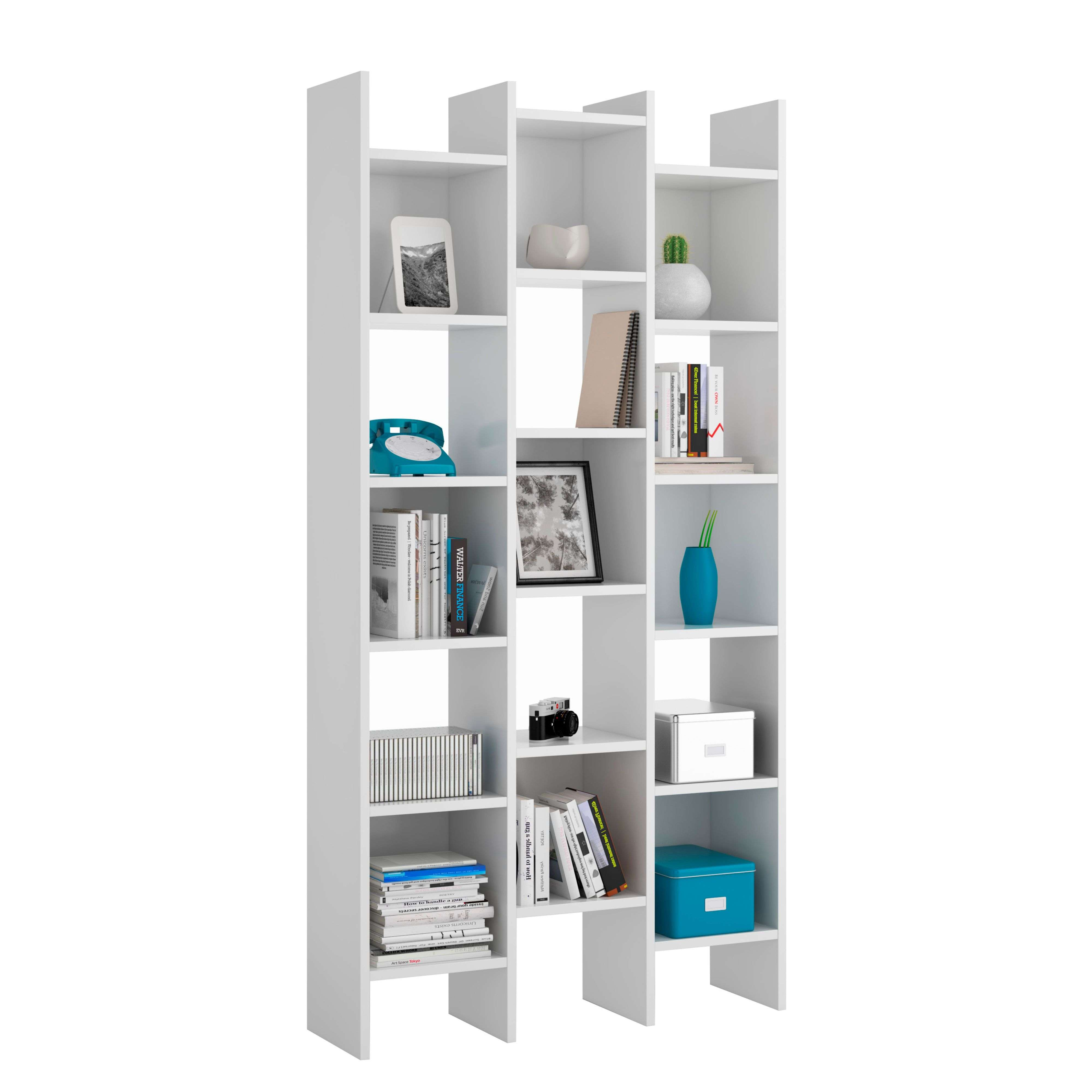 Una estantería blanca llena de libros, decoraciones y una cámara.