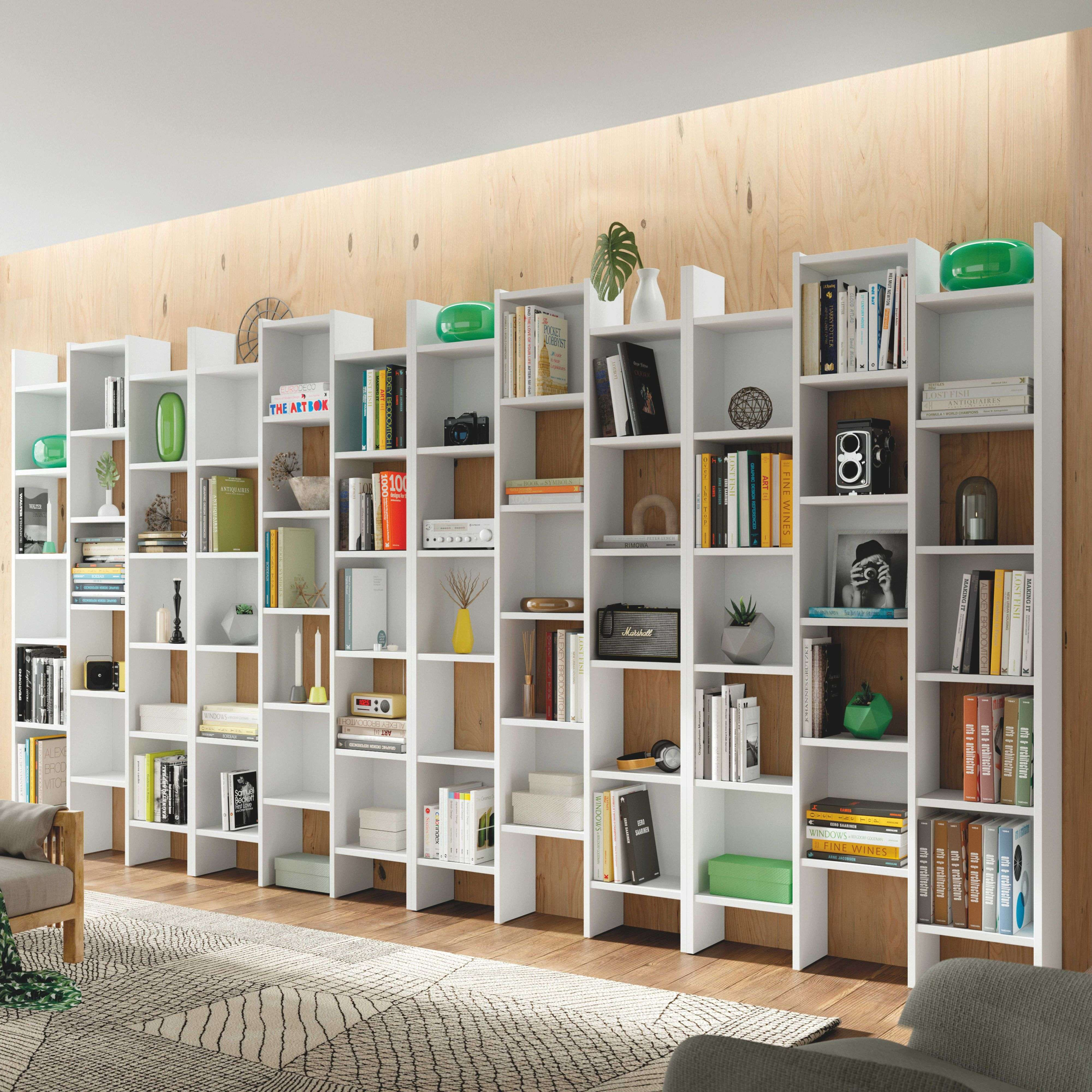 Una estantería blanca llena de libros, plantas y objetos decorativos.
