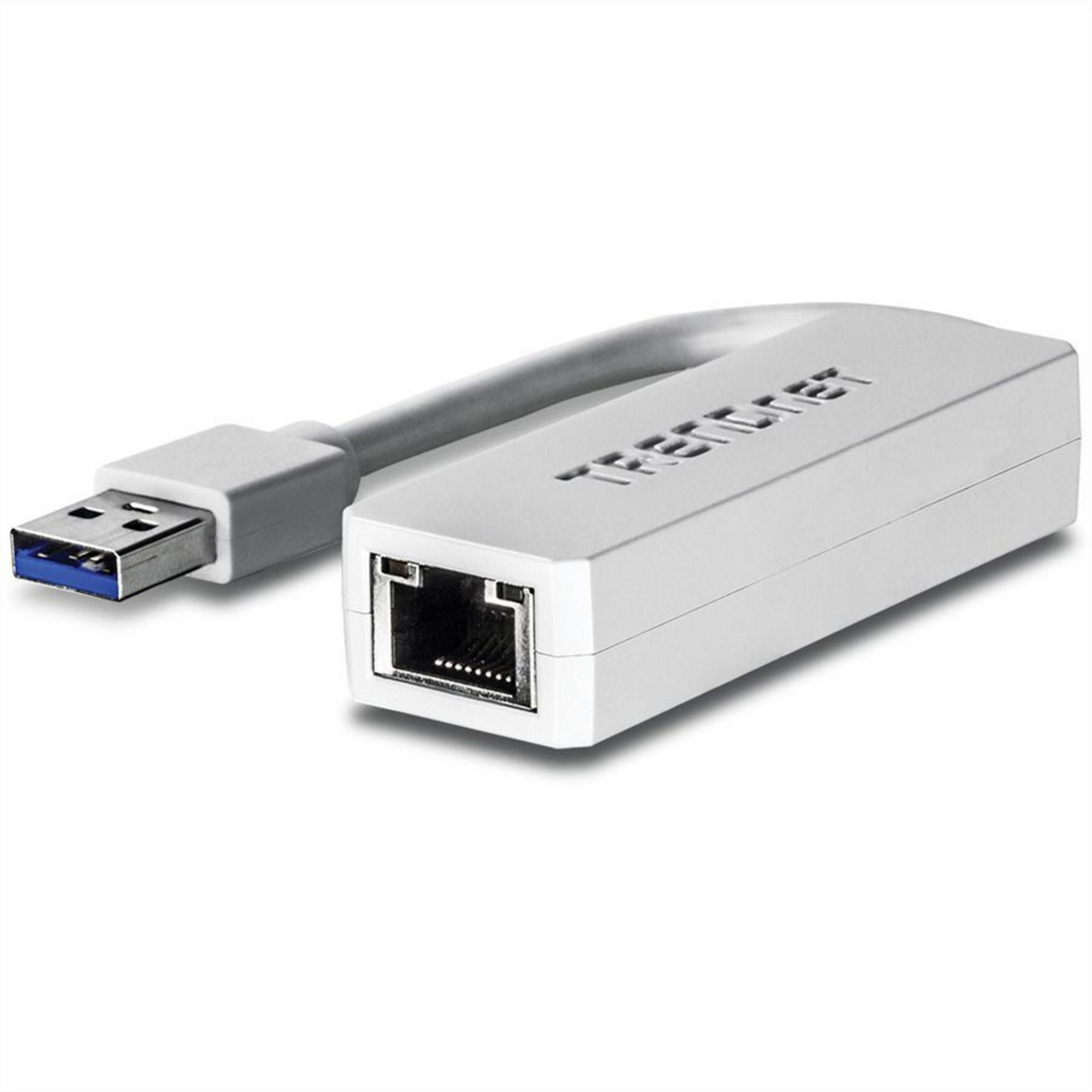 Ein weißer USB-auf-Ethernet-Adapter mit TRENDnet-Logo.