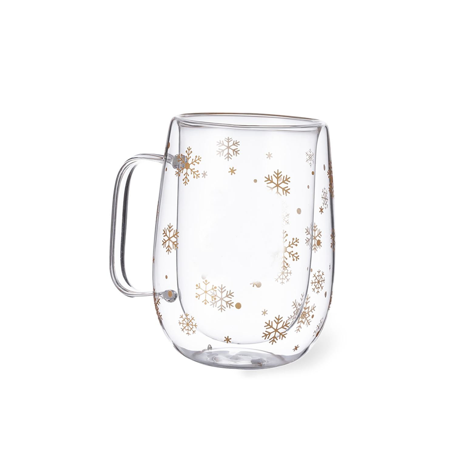 Taza de vidrio de doble pared con copos de nieve dorados y asa.