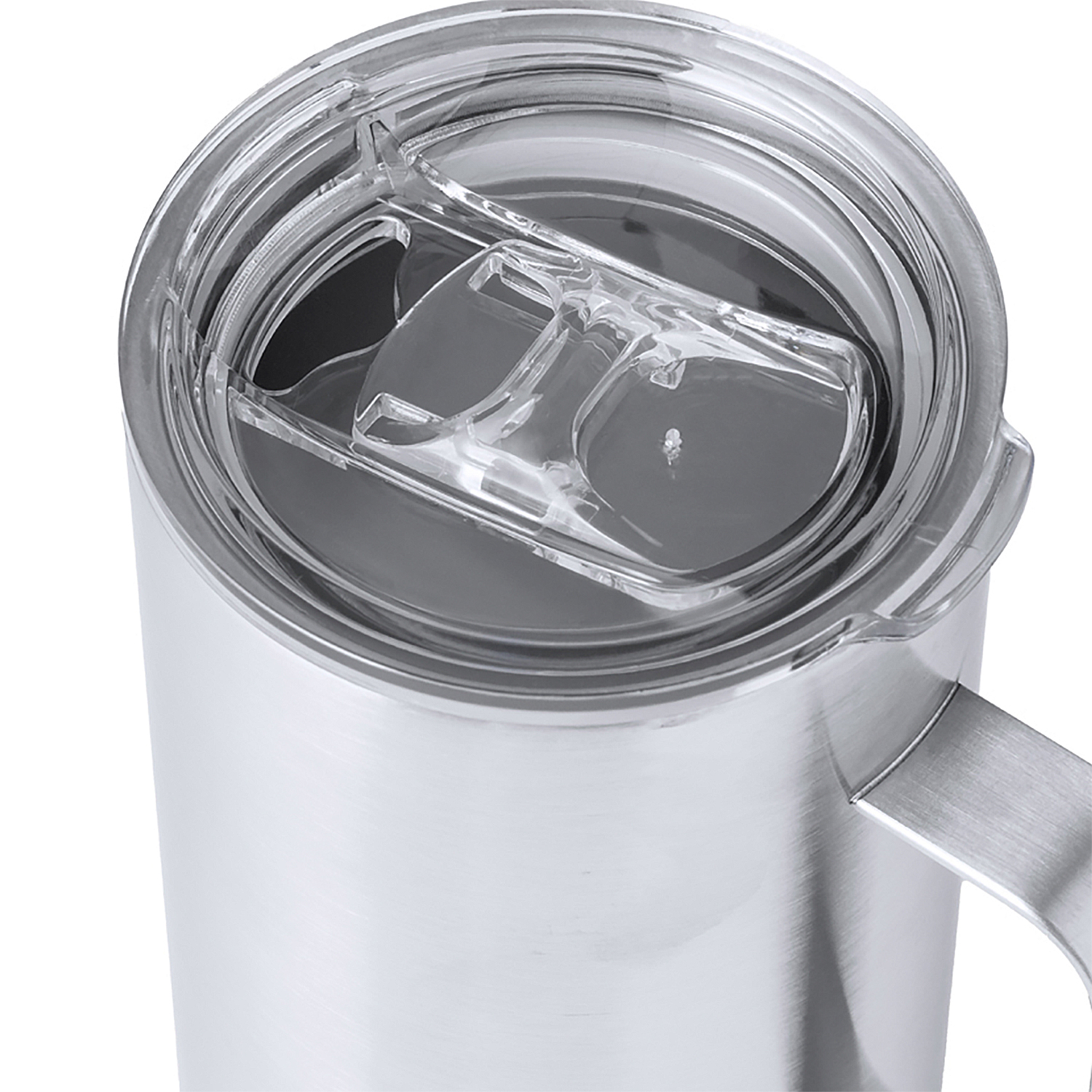 Silberne Thermotasse mit transparentem Deckel und Griff, Nahaufnahme.