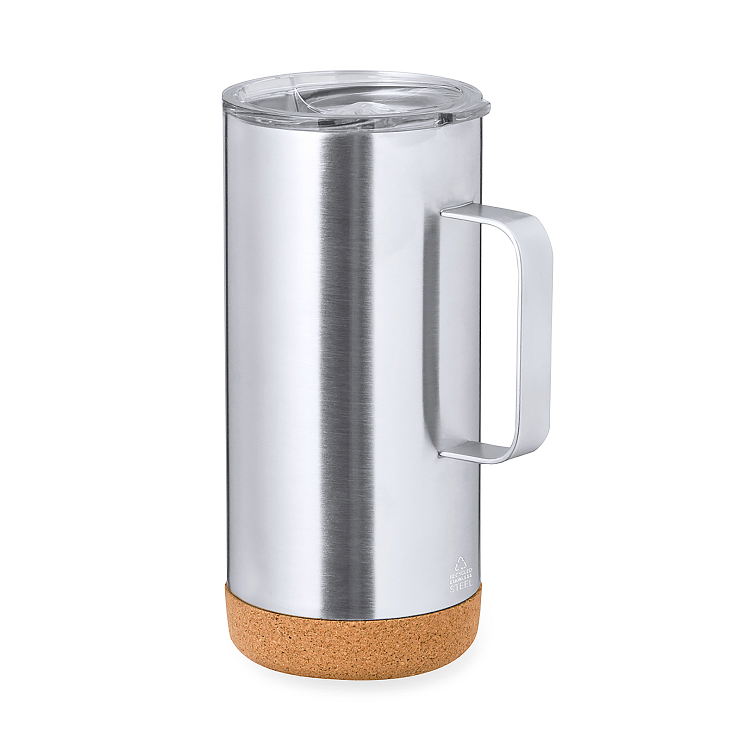 Eine silberne Edelstahl-Tasse mit Griff und Korkbasis.