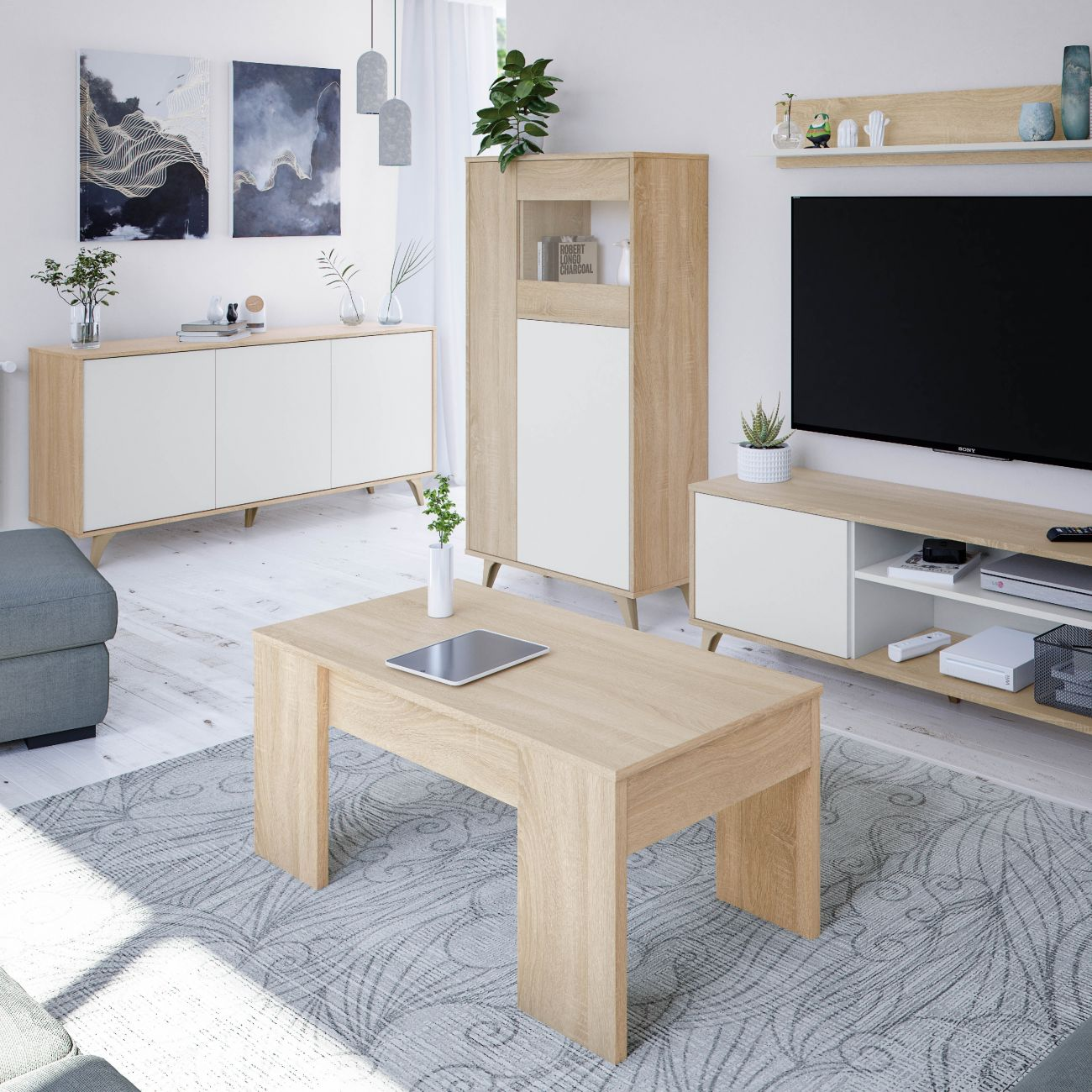 Salón moderno con aparador, vitrina, mueble de TV y mesa de centro.