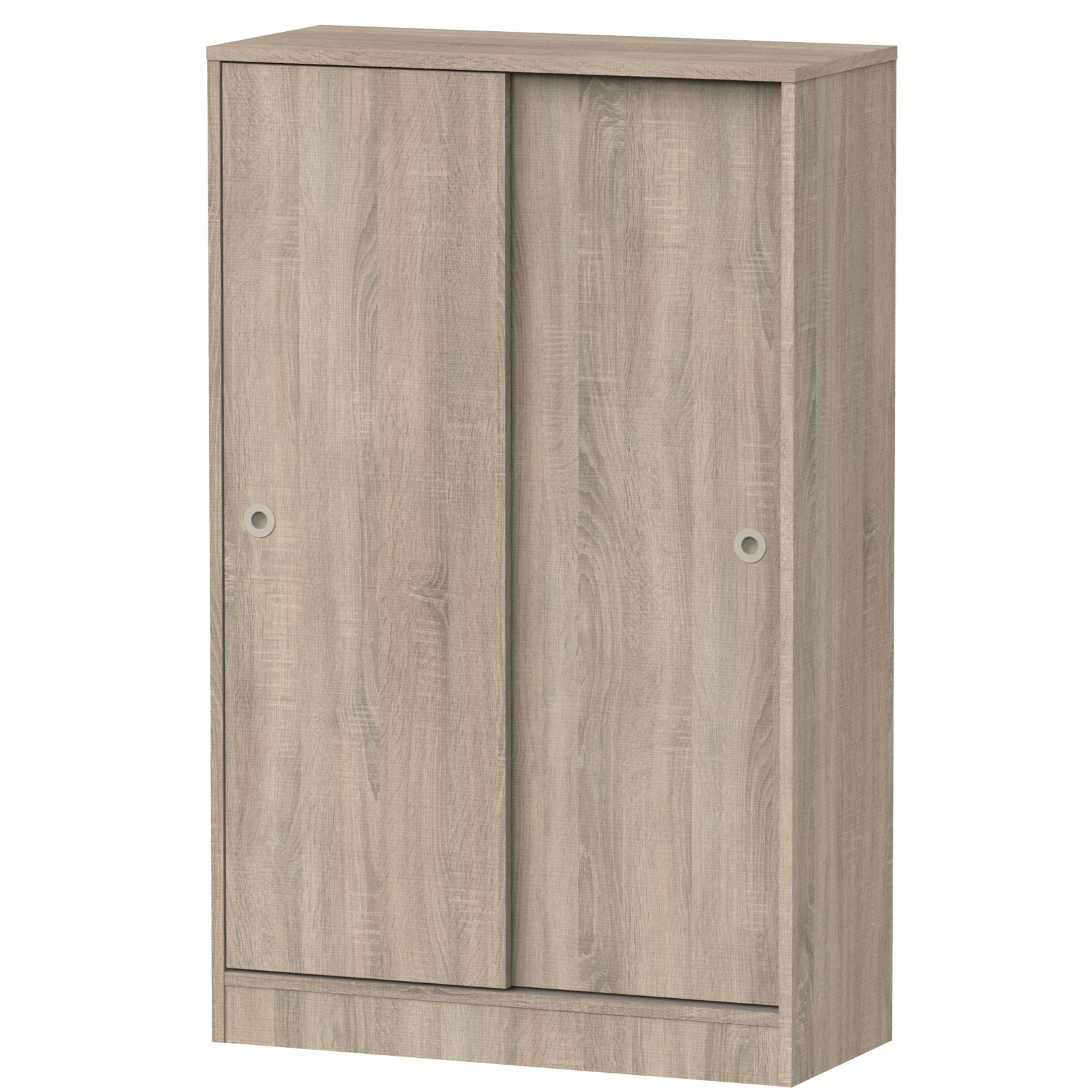 Un armario de imitación madera clara con dos puertas correderas.