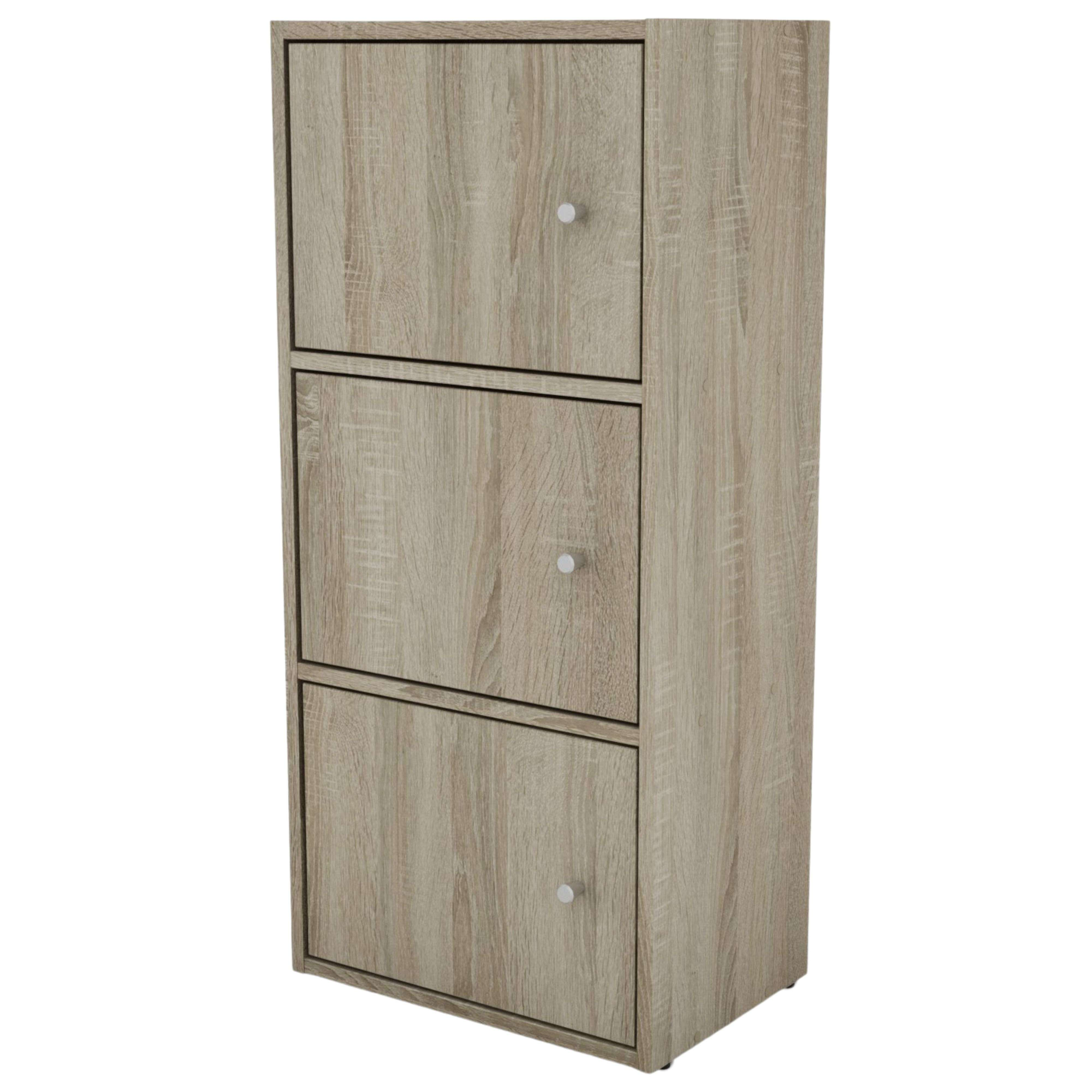 Un mueble de madera con tres puertas abatibles y tiradores blancos.