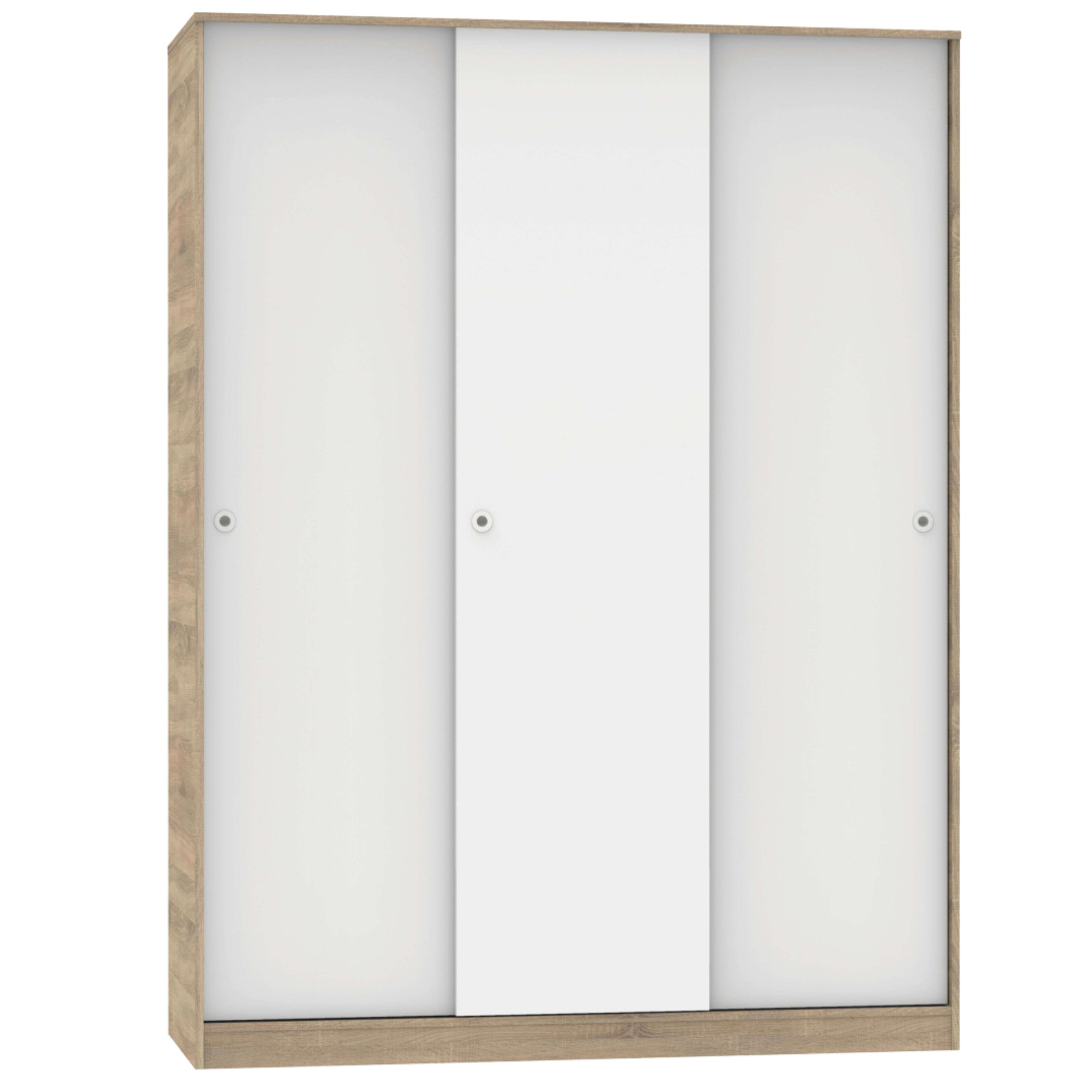 Armario de madera con tres puertas correderas blancas.