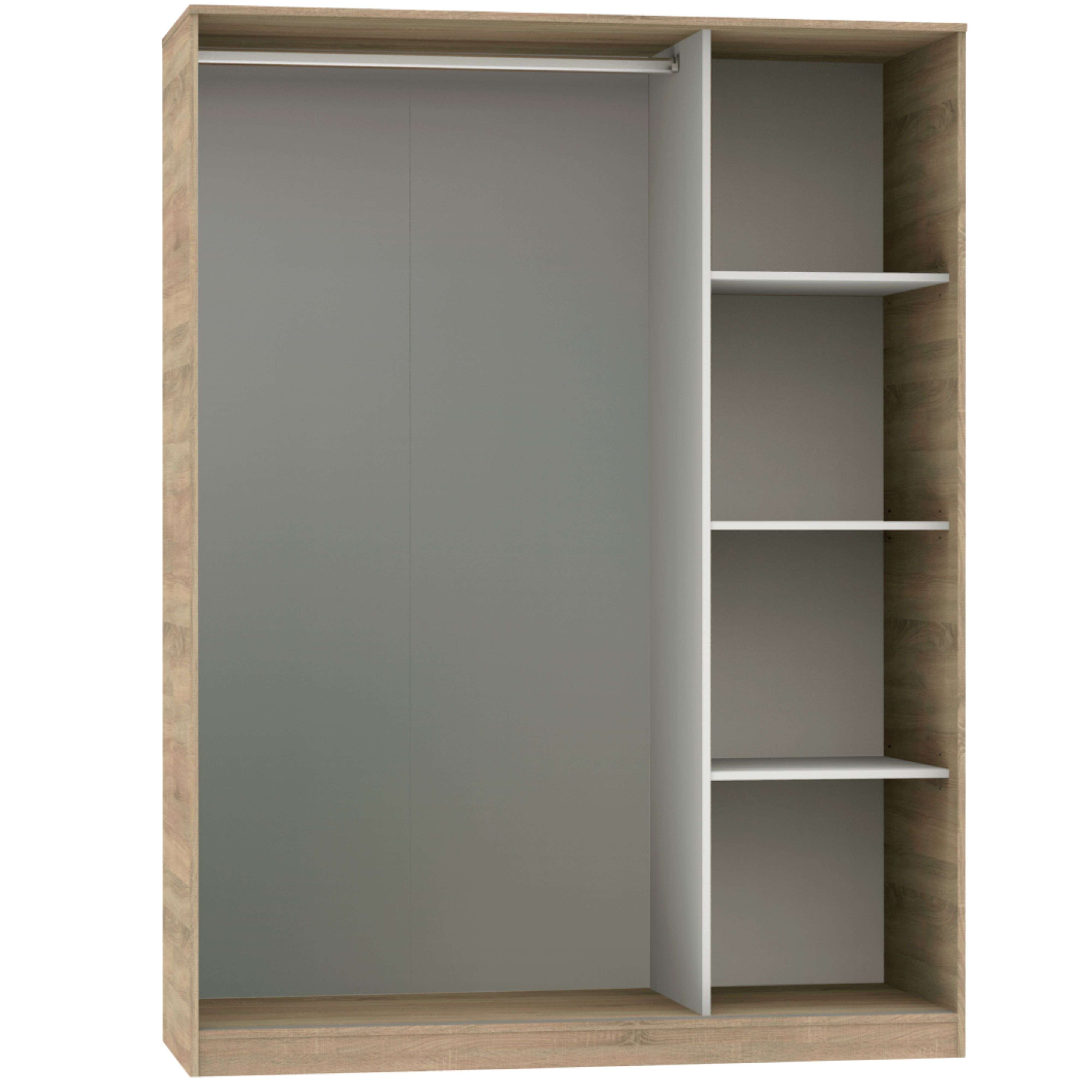 Un armario abierto con marco de madera, puertas grises y estantes blancos.