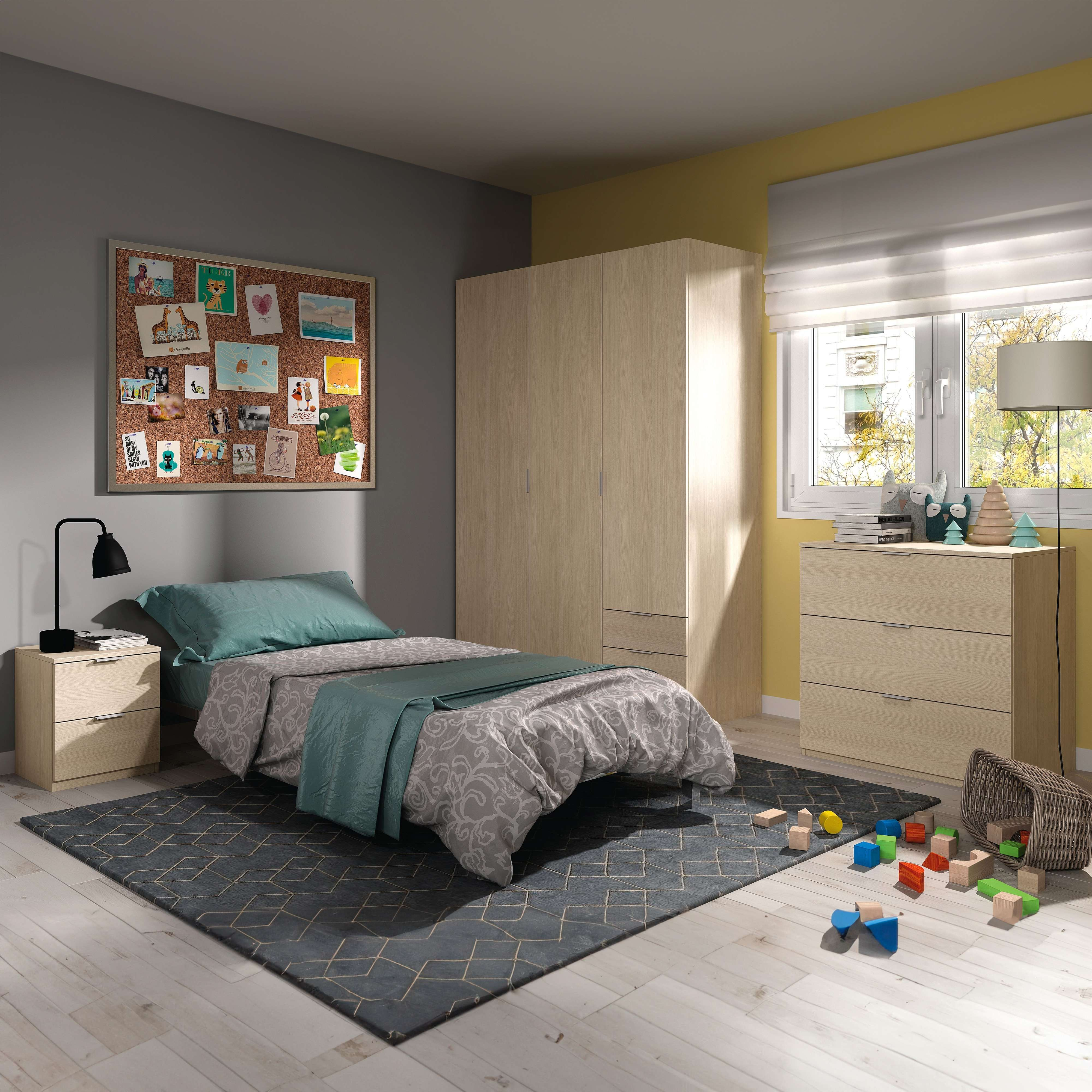 Dormitorio infantil con cama, armario y juguetes esparcidos por el suelo.