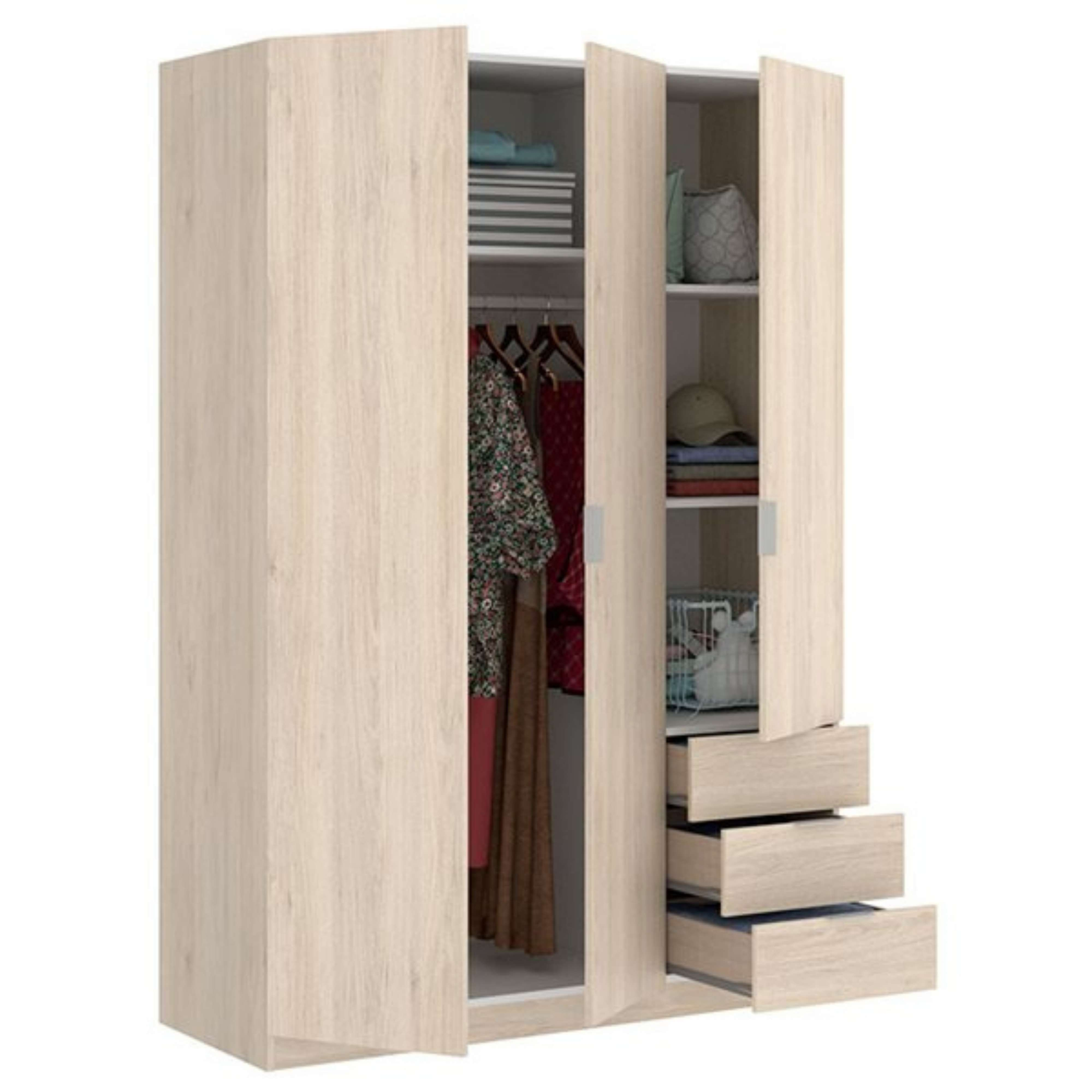 Armario de madera clara con puertas abiertas, ropa y cajones visibles.