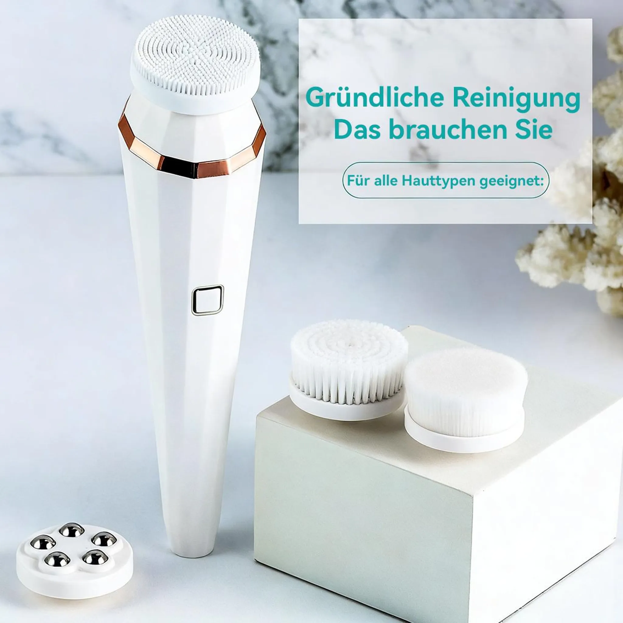 Ein weißer Gesichtsreinigungsbürsten-Griff mit Aufsätzen und einer Massagekopf-Option.