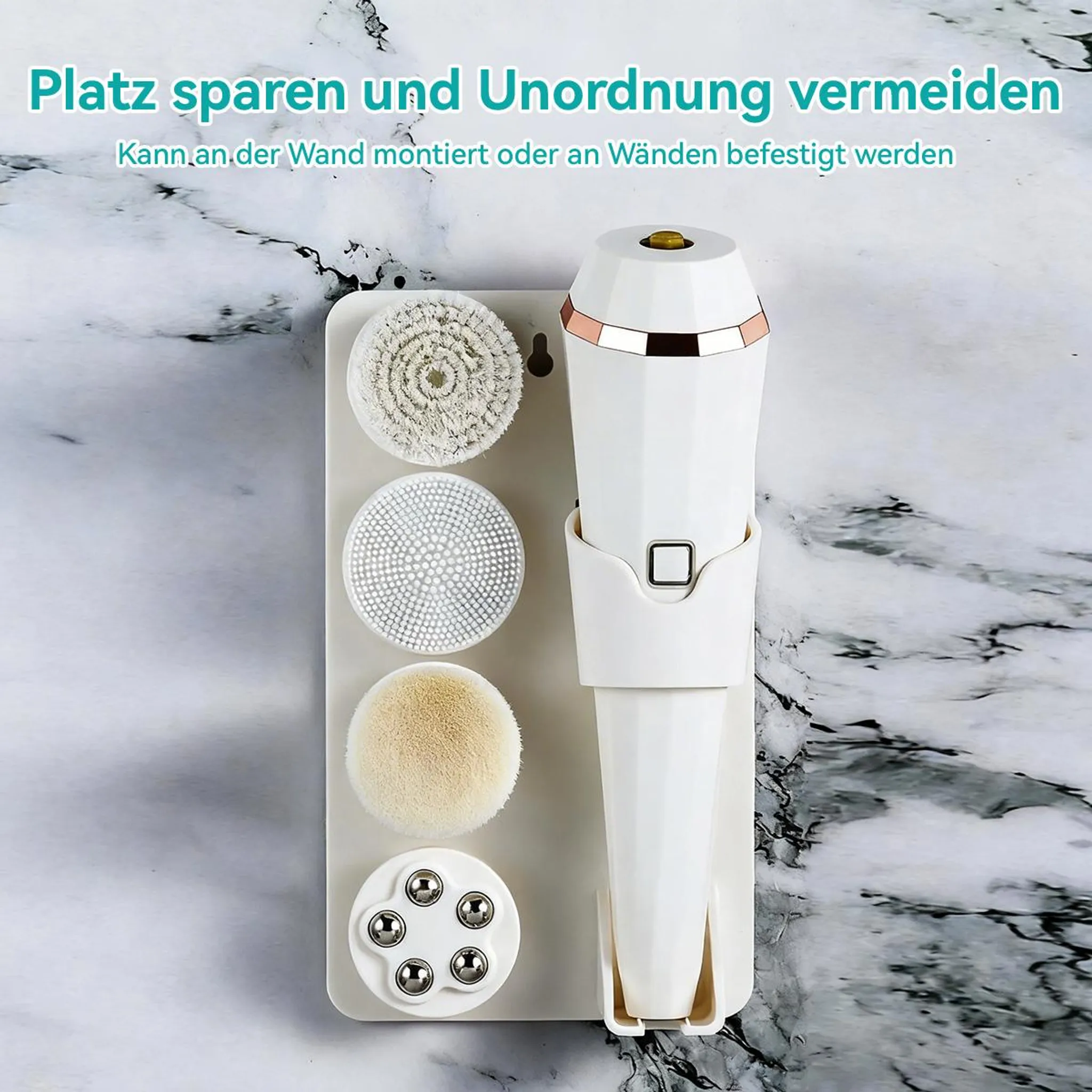 Ein weißes Gesichtsreinigungsgerät mit verschiedenen Aufsätzen, an einer Wandhalterung.