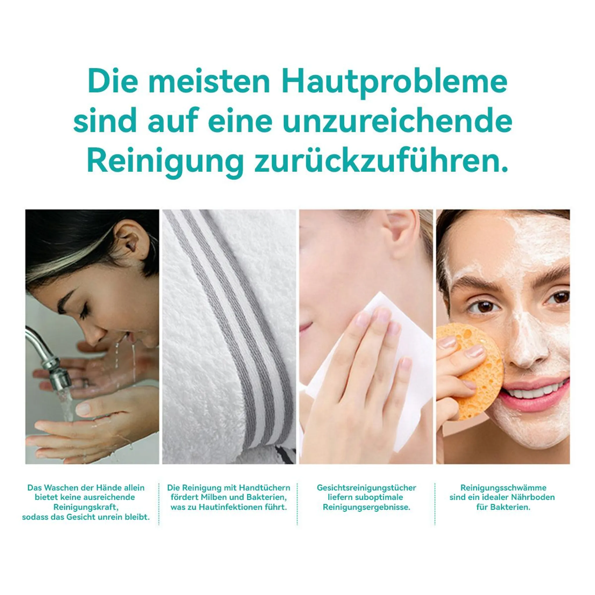 Collage zeigt Hautpflege, Waschen, Tücher und Schwämme.