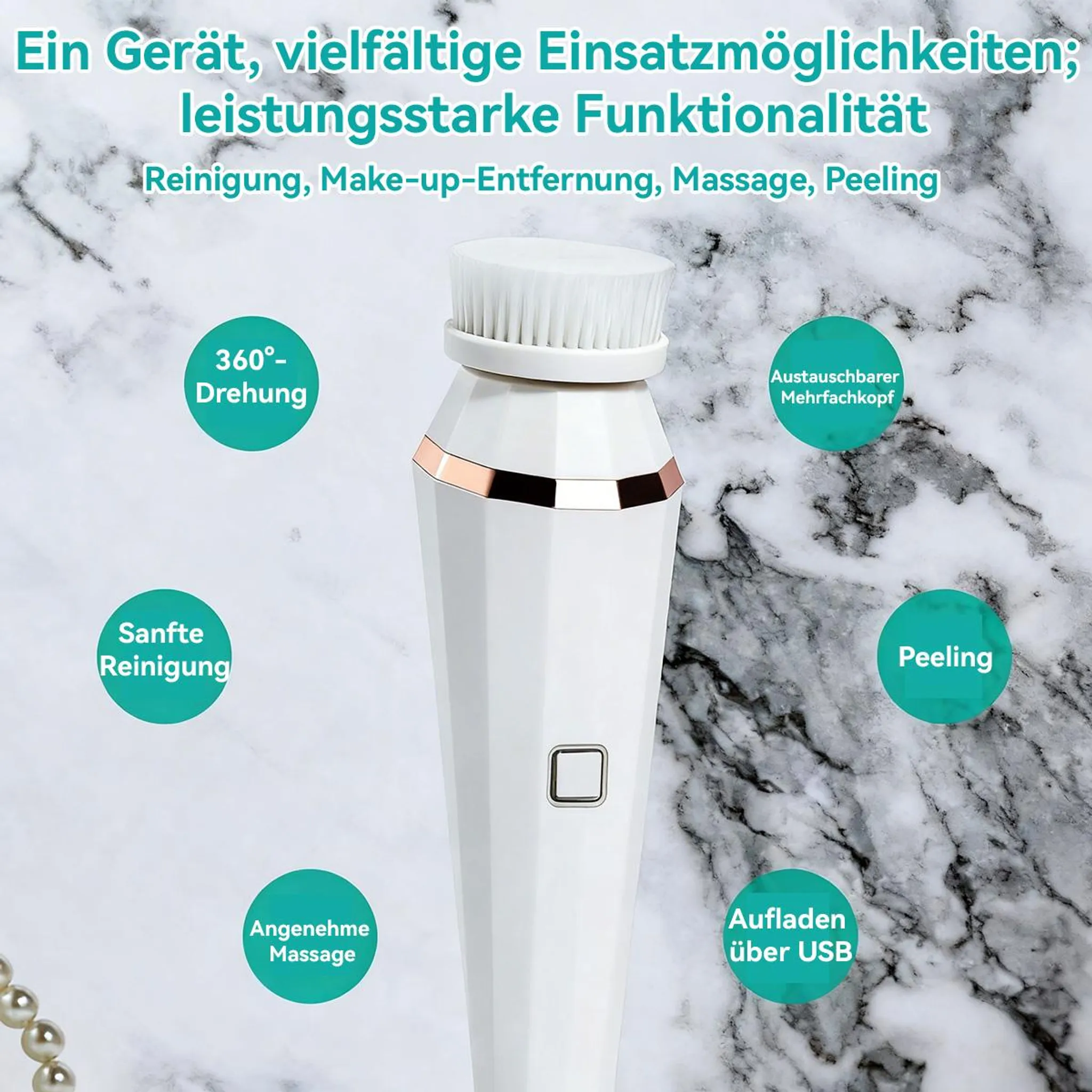 Ein weißes Hautpflegegerät mit Bürstenkopf, das für Reinigung, Massage, Peeling und Aufladen per USB wirbt.