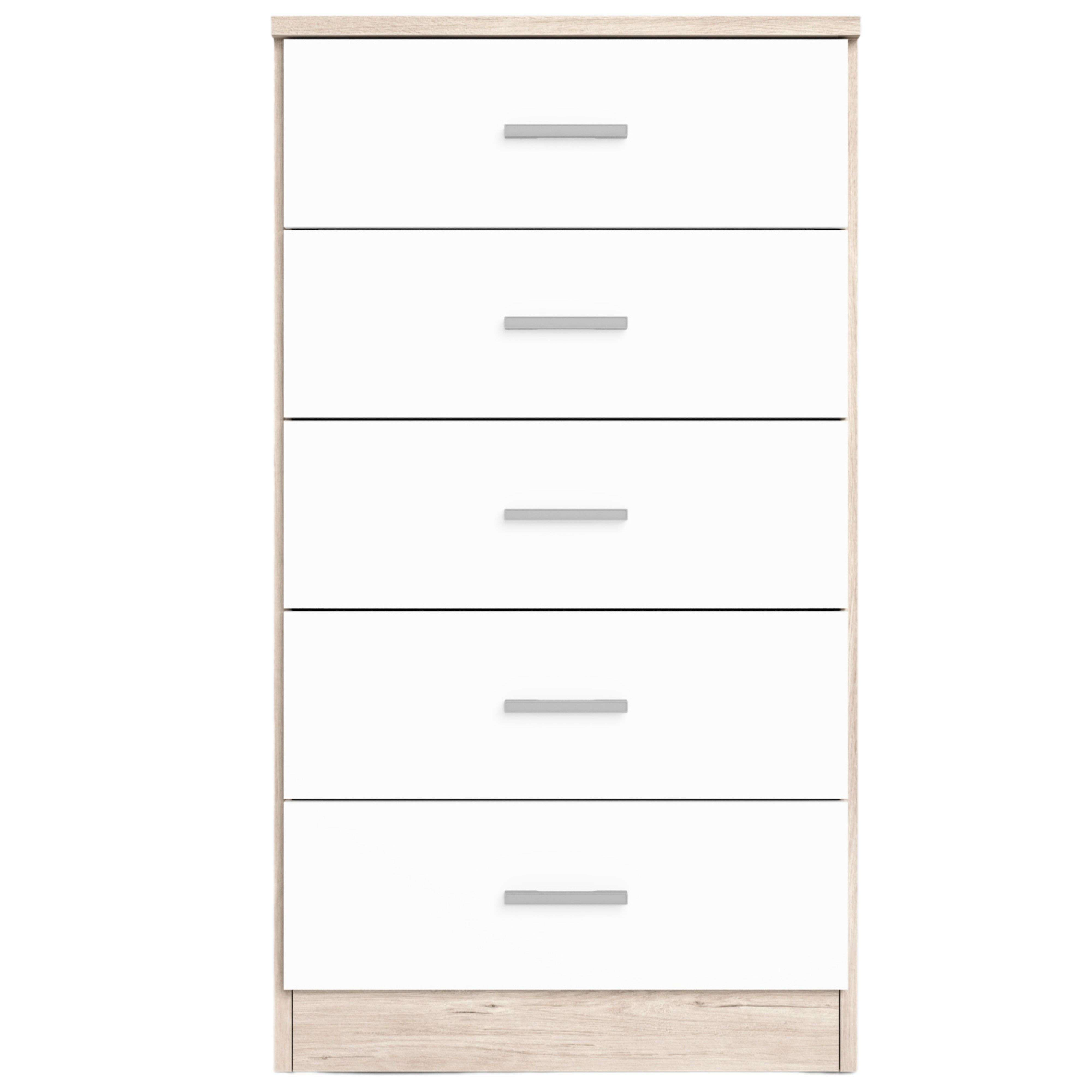 Una cómoda blanca con cinco cajones y detalles de madera.