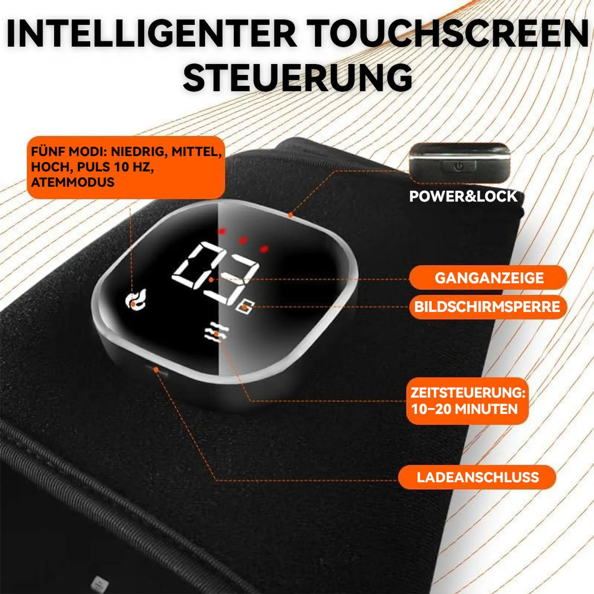 Ein schwarzes Touchscreen-Gerät mit Display zeigt Modi an. Daneben ein Ladecase.