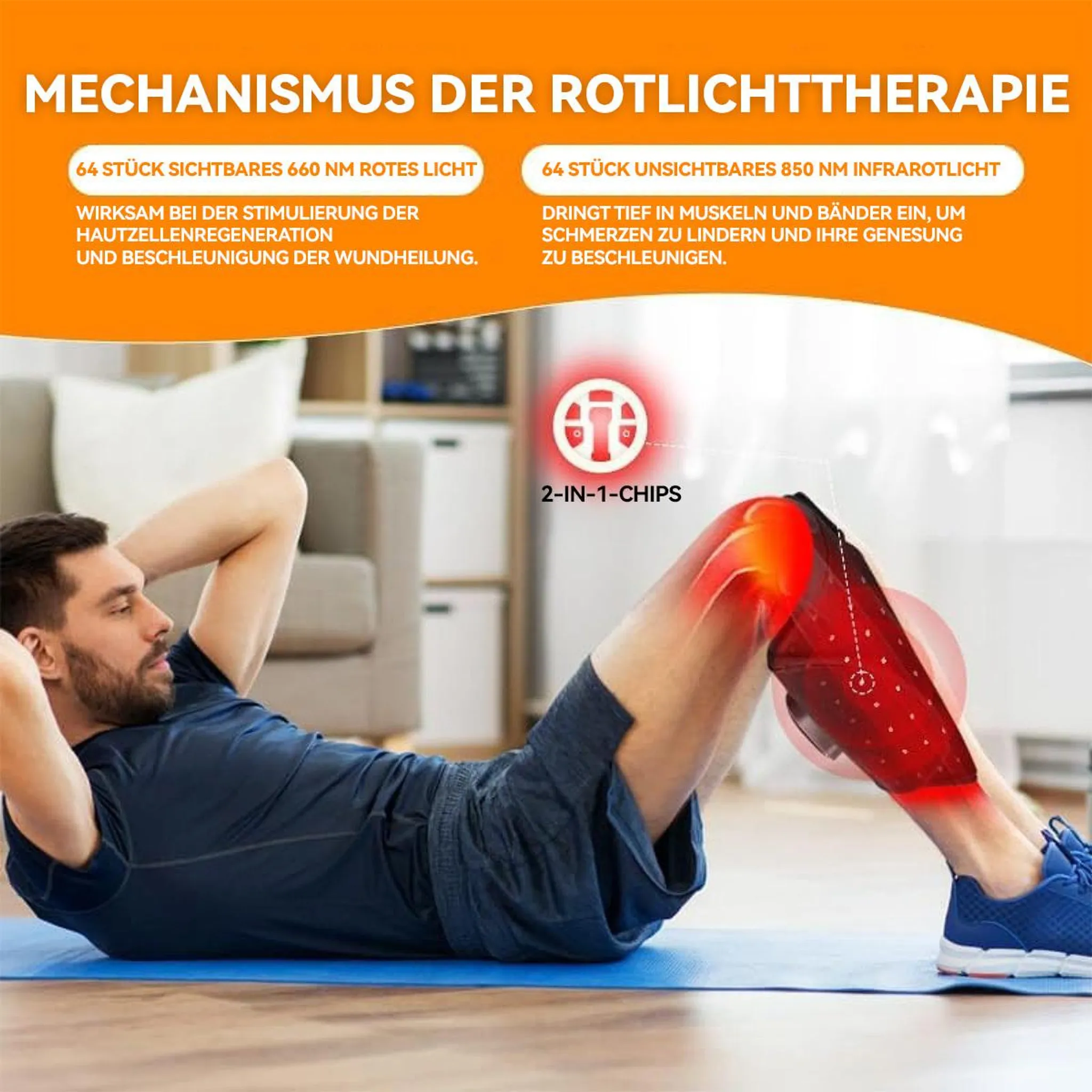 Ein Mann macht Crunches auf einer blauen Matte, mit einem Rotlichttherapiegerät am Knie, vor orangefarbenem Hintergrund.