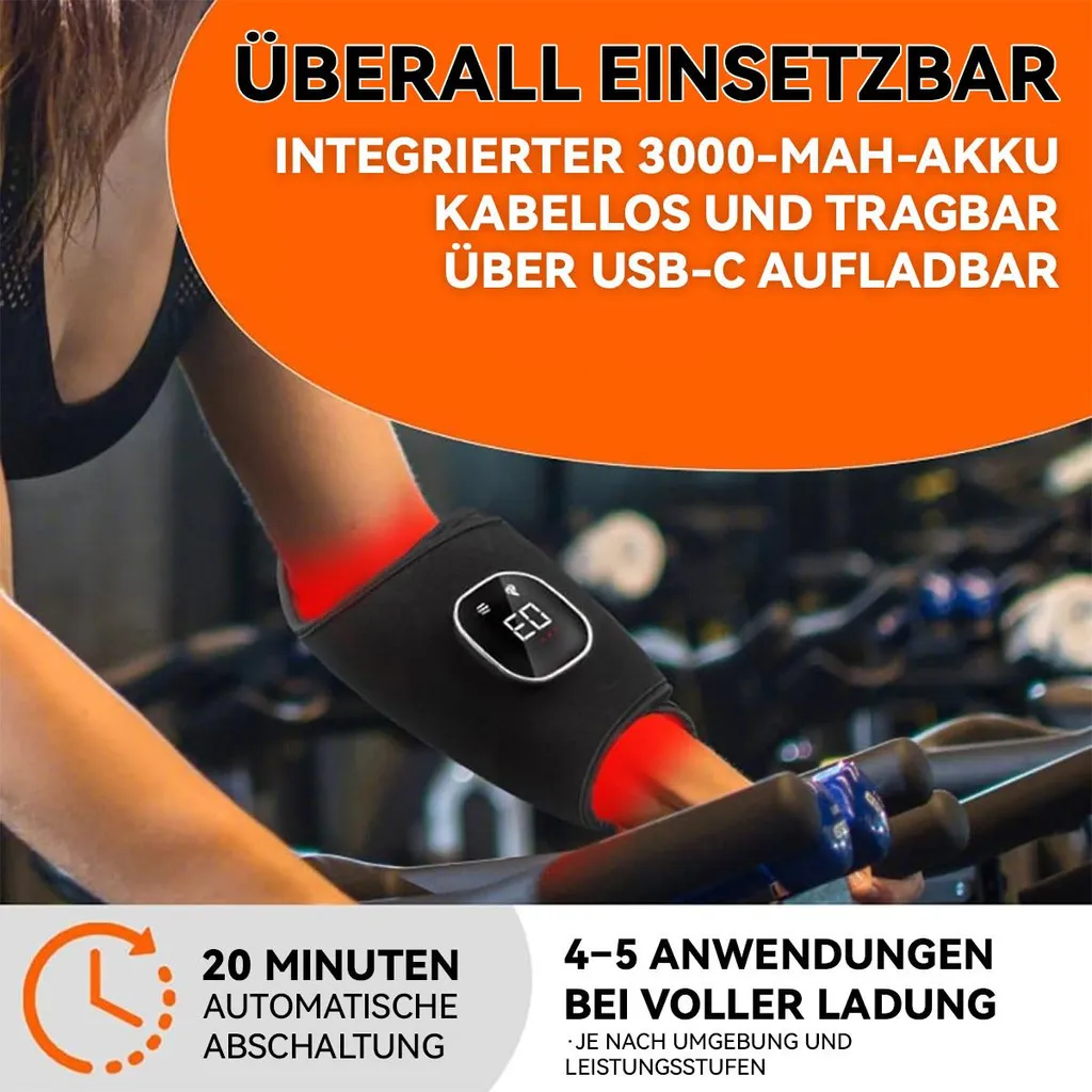 Armwickel mit integriertem Akku, rot leuchtend, mit Display. Gym-Hintergrund.