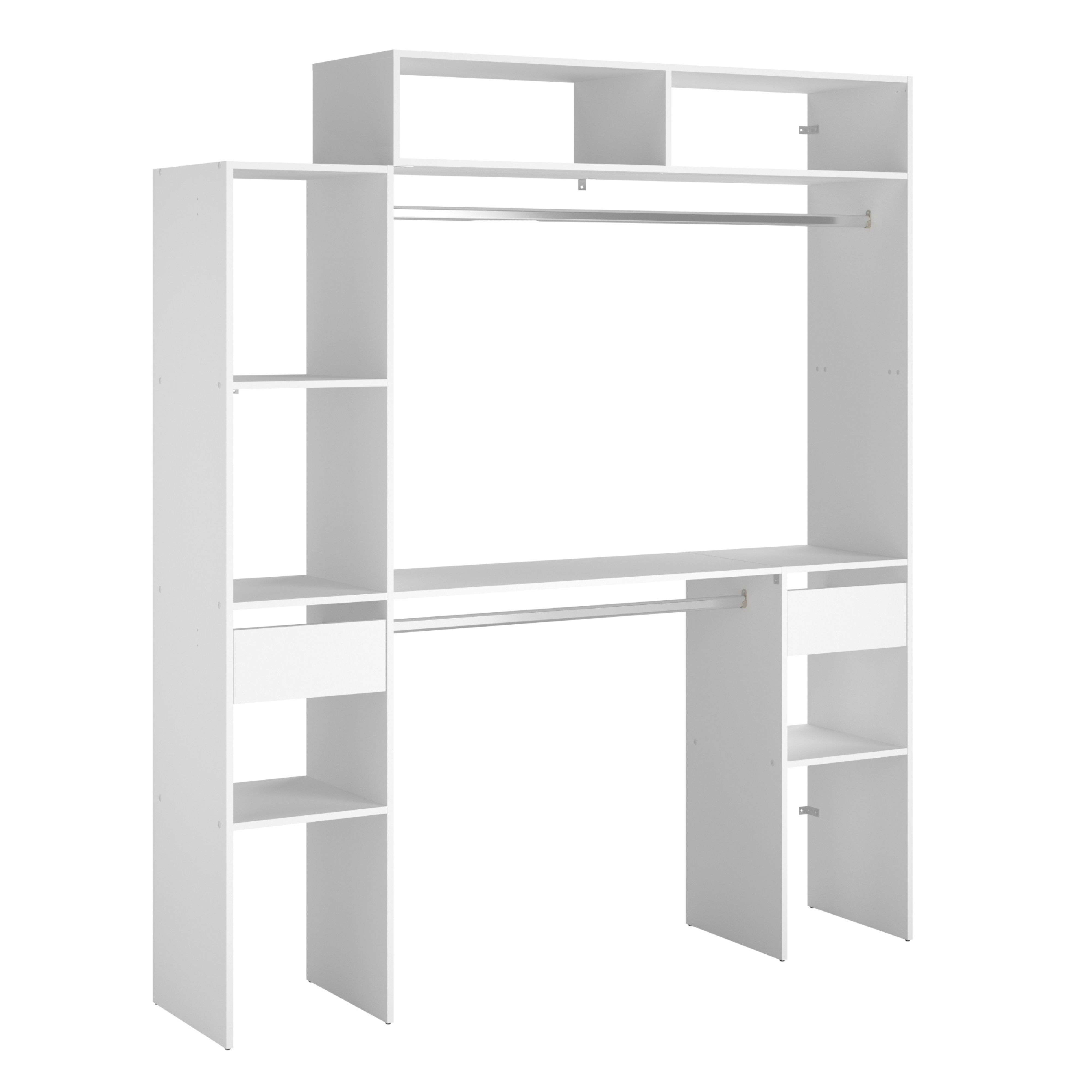 Un mueble blanco con barras para ropa y cajones.