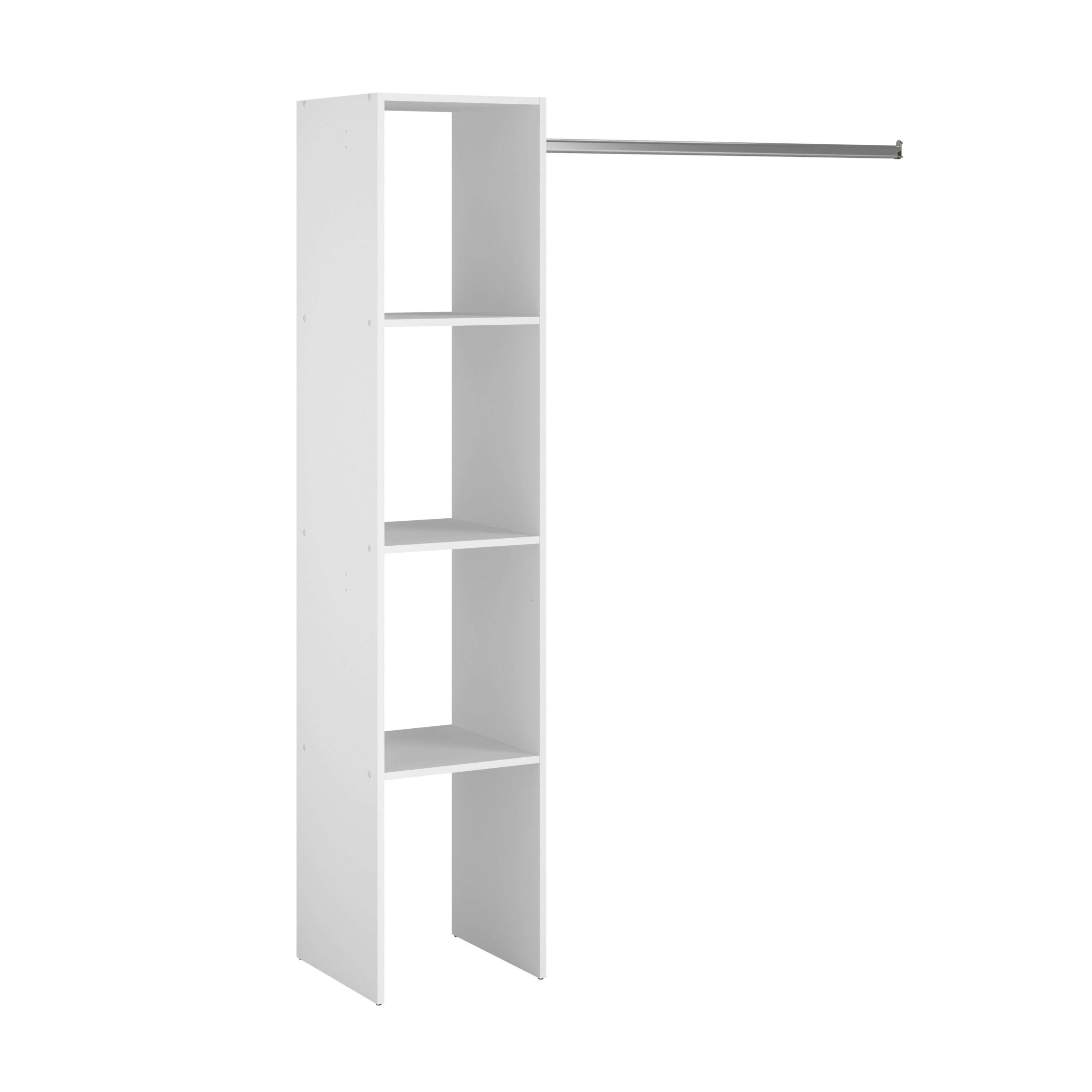 Un estante blanco de cuatro compartimentos con una barra de ropa.