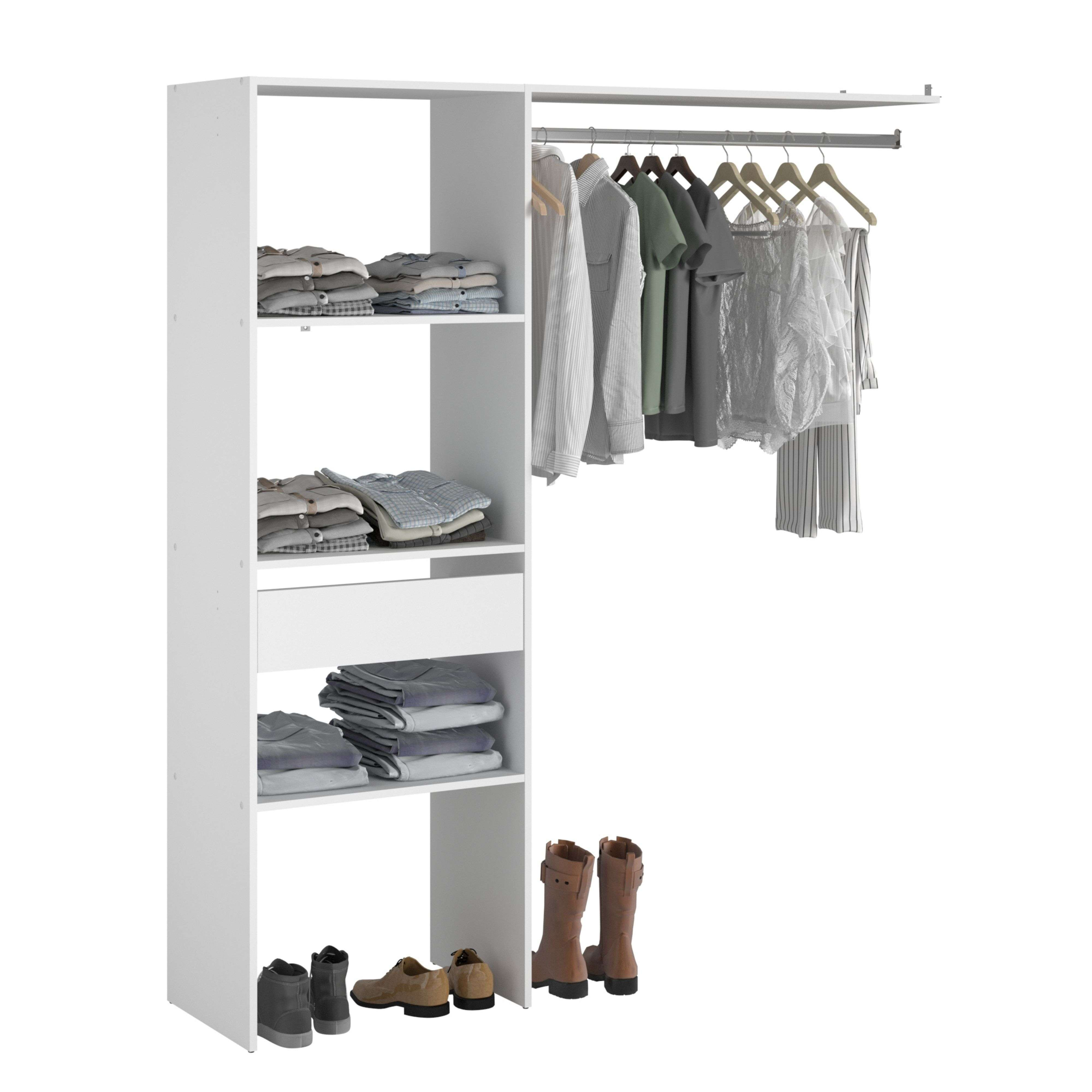 Un sistema de armario blanco con ropa y zapatos.
