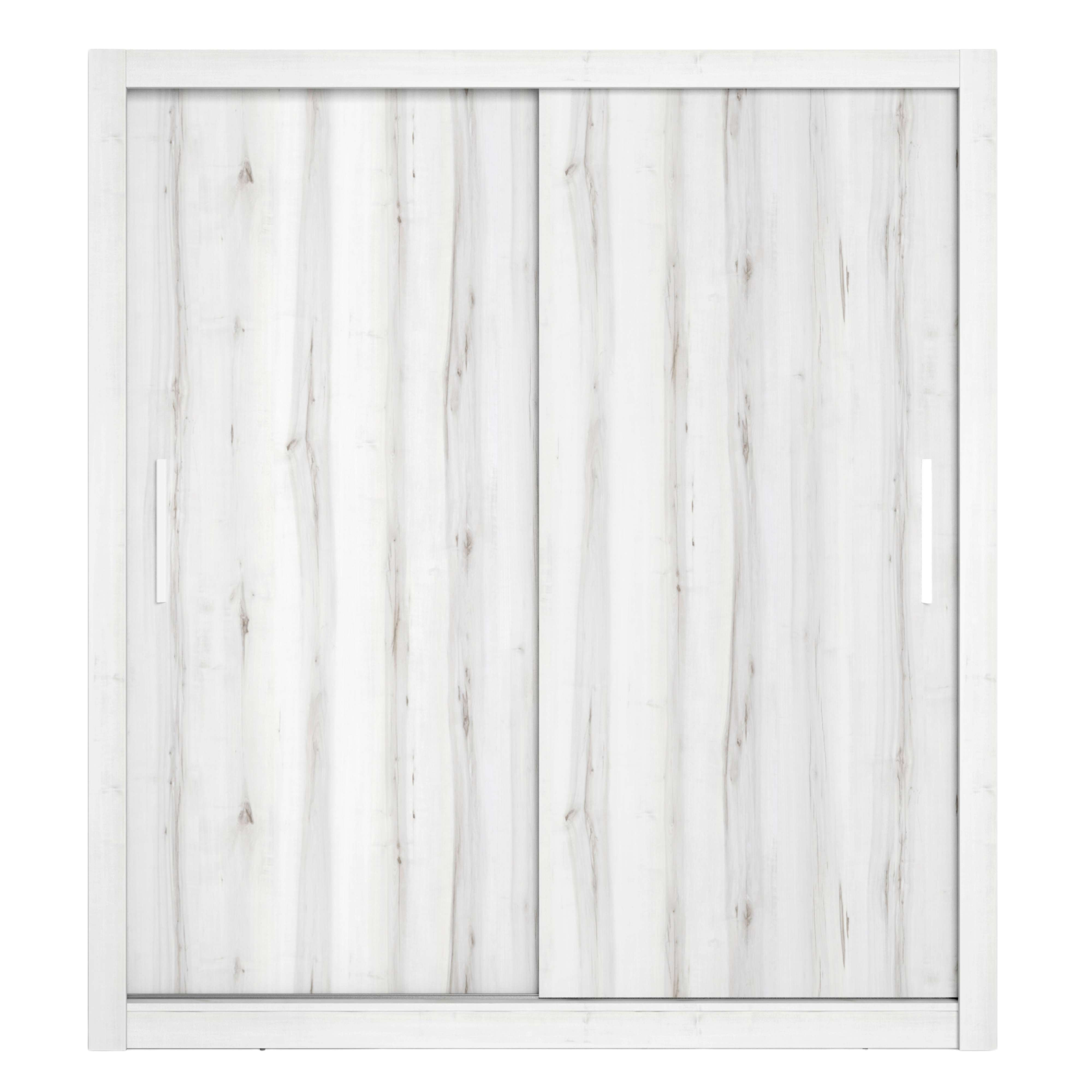 Un armario blanco con dos puertas correderas y veta de madera.
