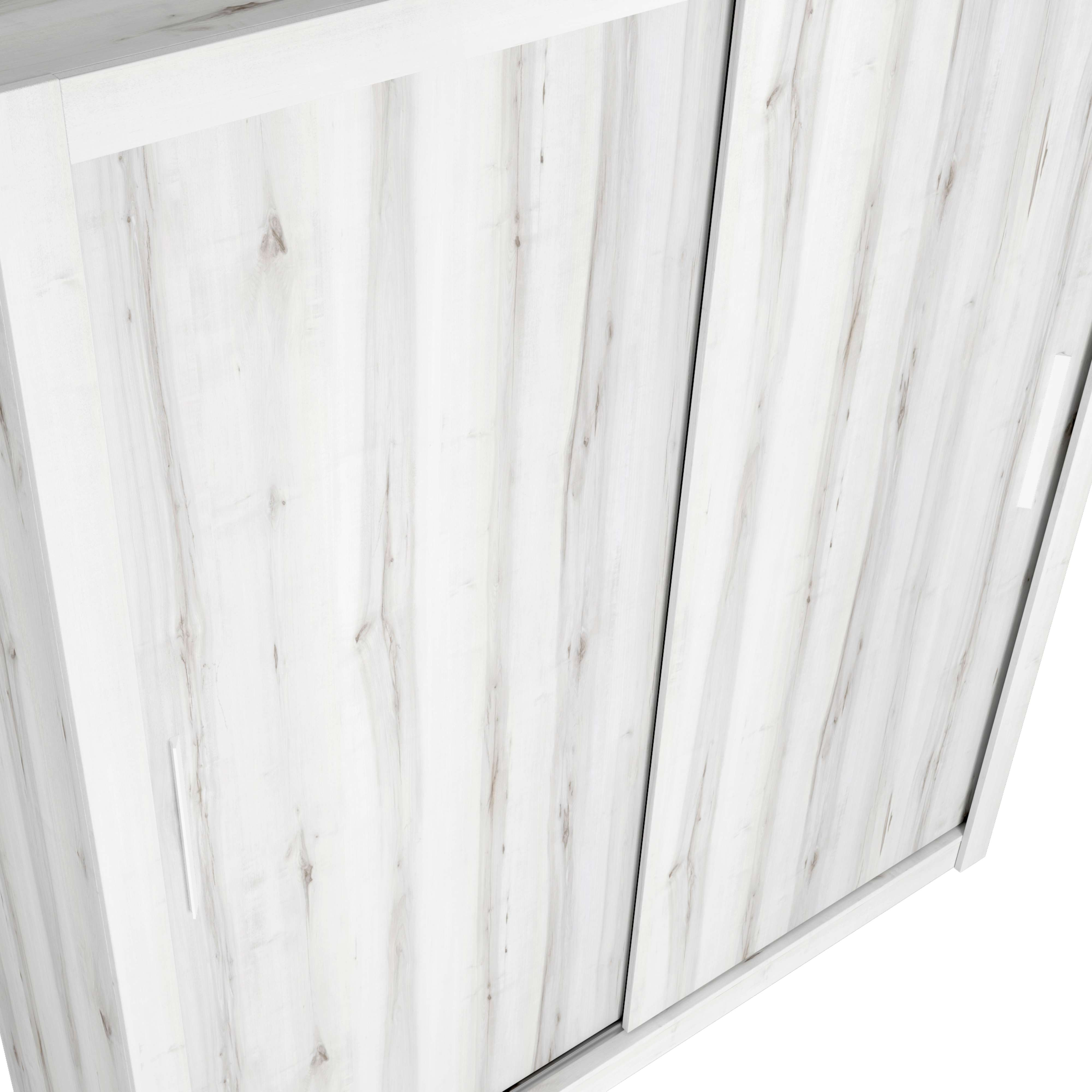 Puertas de armario blancas con veta de madera y tiradores finos.
