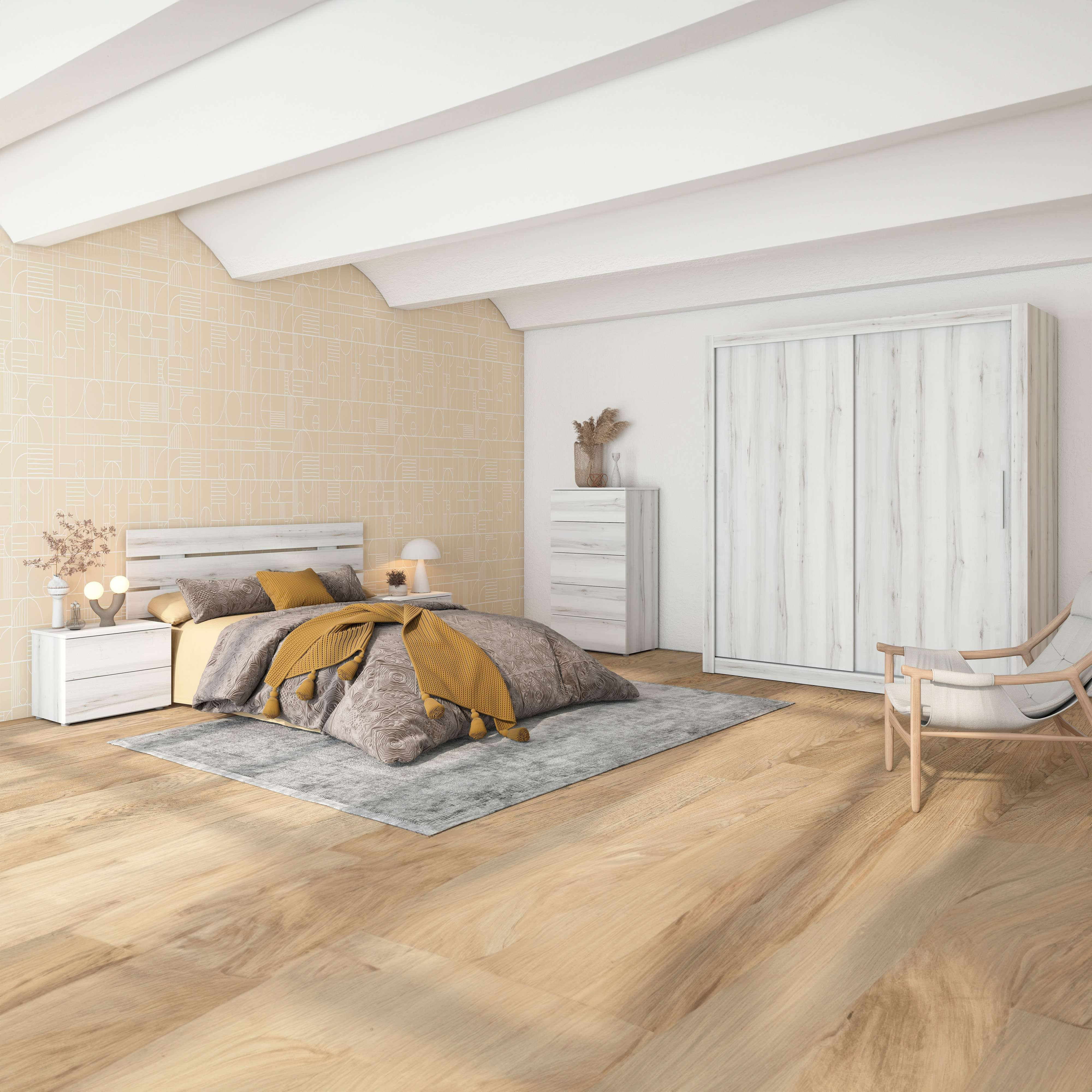 Un dormitorio con suelo de madera, cama, mesita de noche, cómoda y armario.