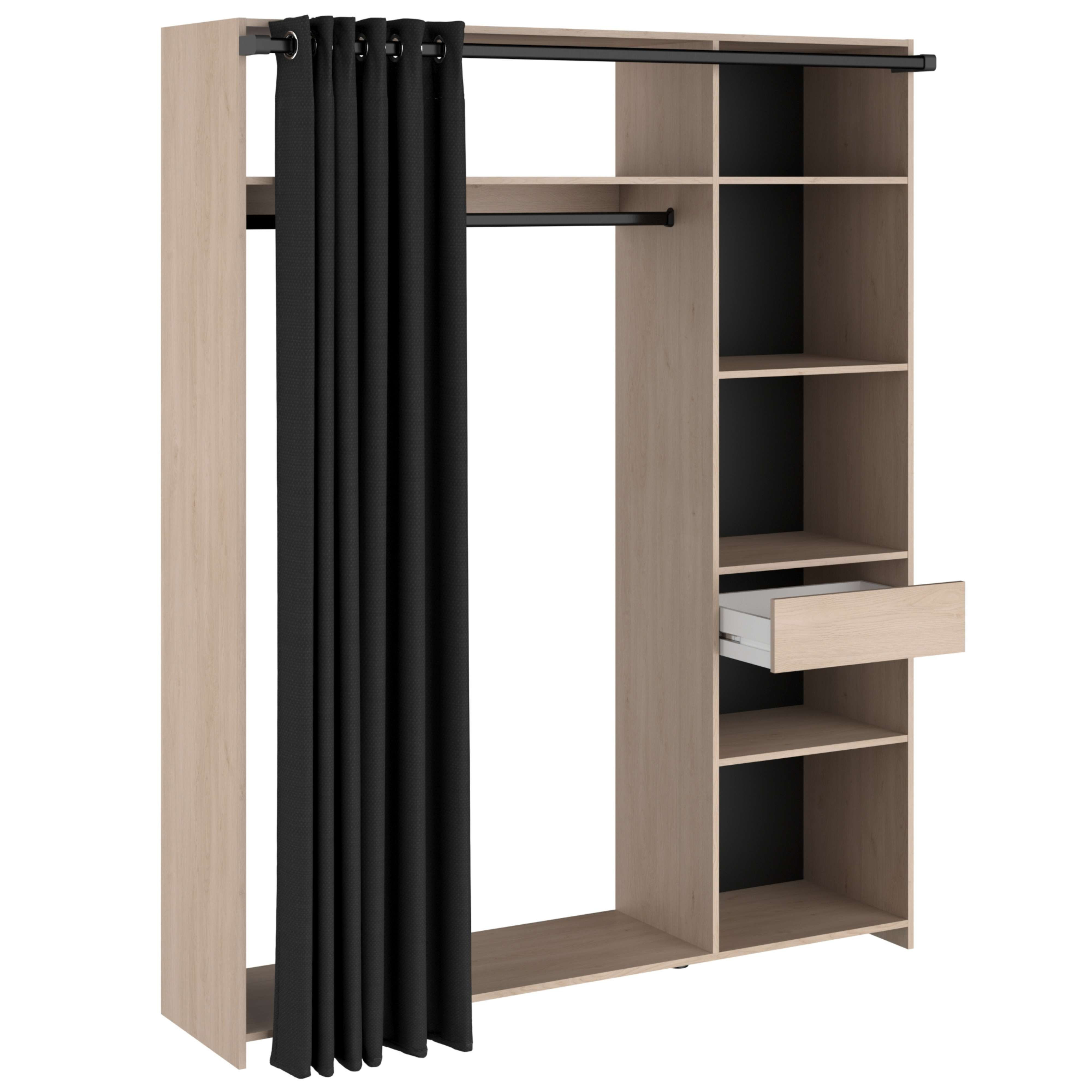 Armario abierto con acabado de madera, cortina negra y cajón.