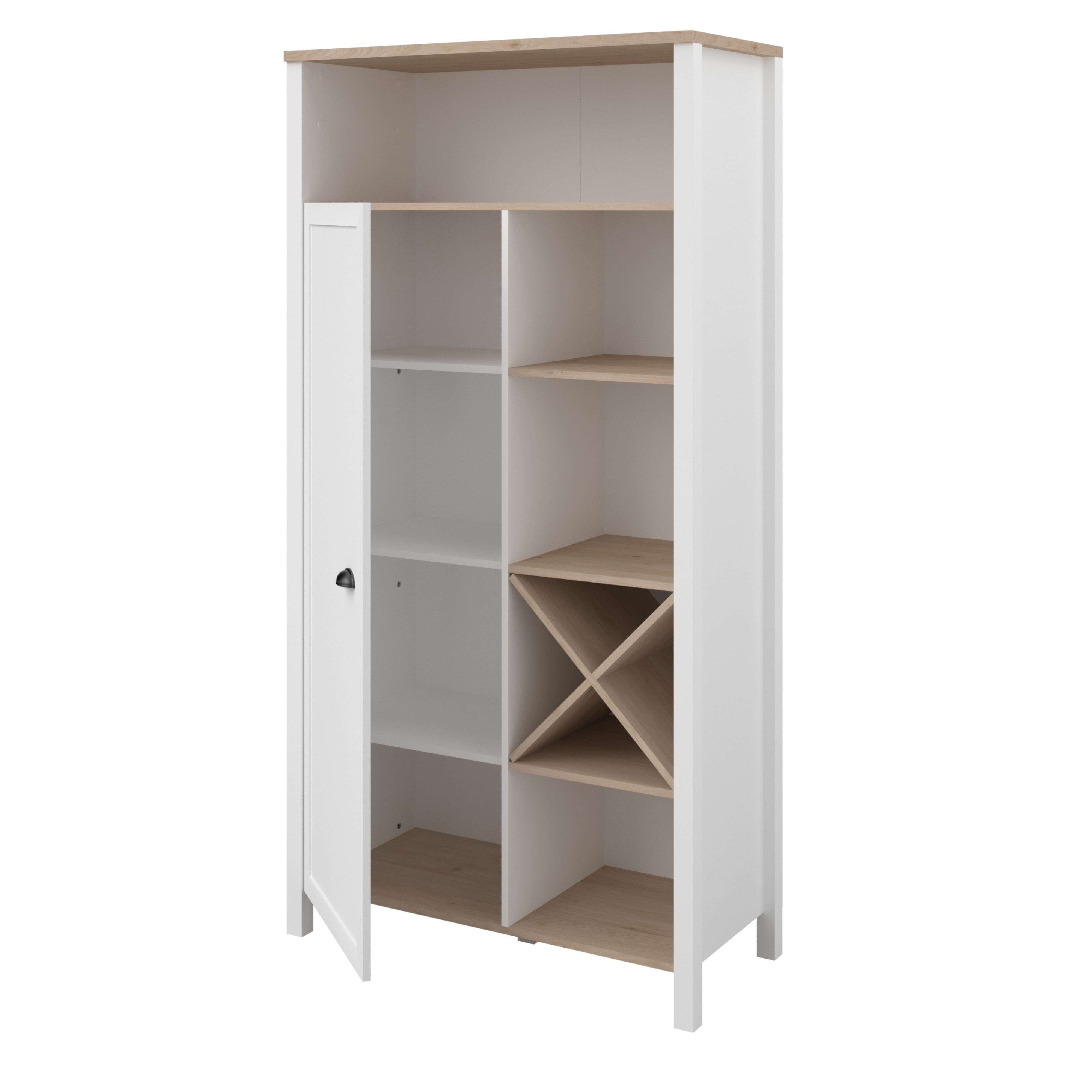 Un armario blanco con detalles de madera, abierto, con estantes y cubos para vino.
