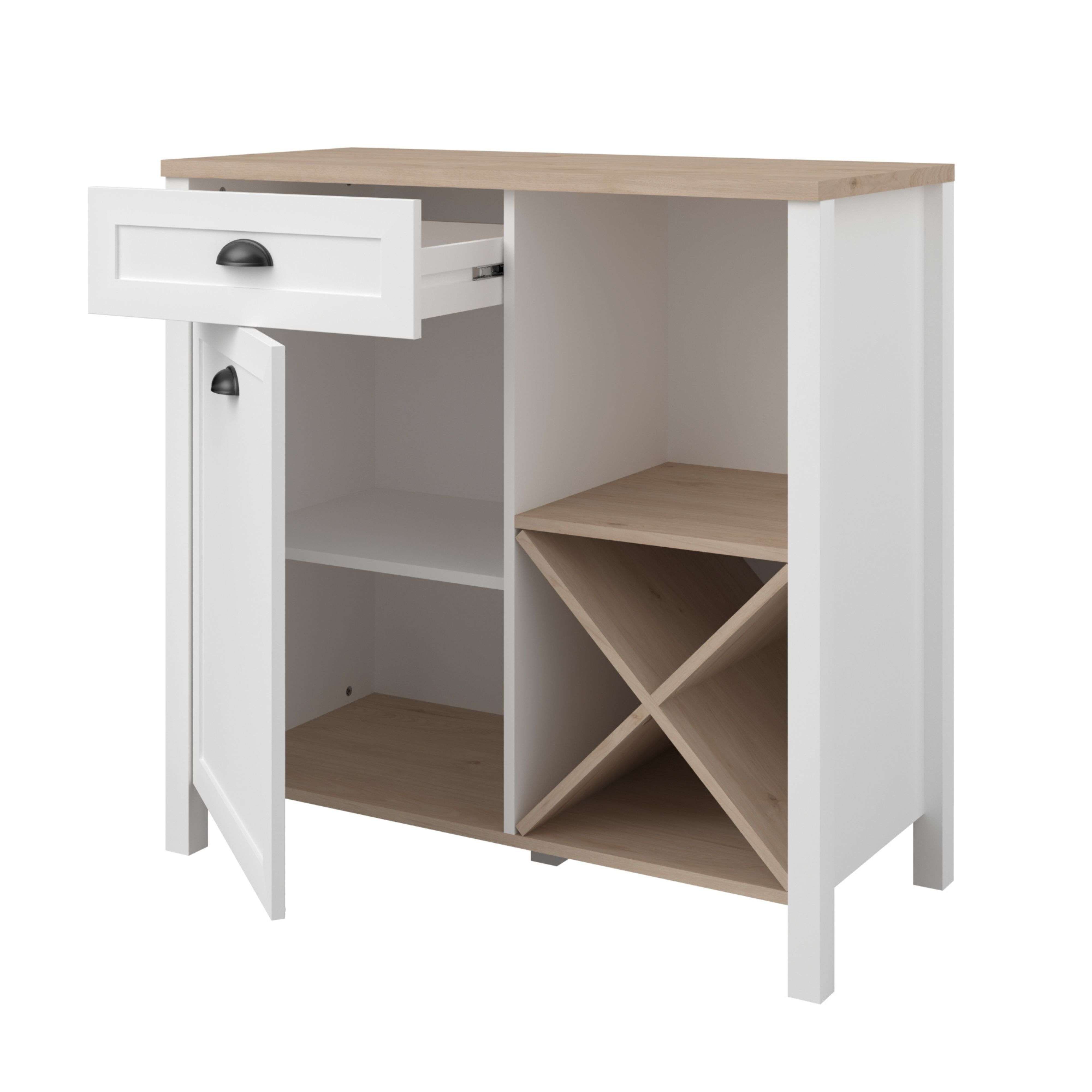 Un mueble blanco con tapa de madera, puerta abierta y cajón.
