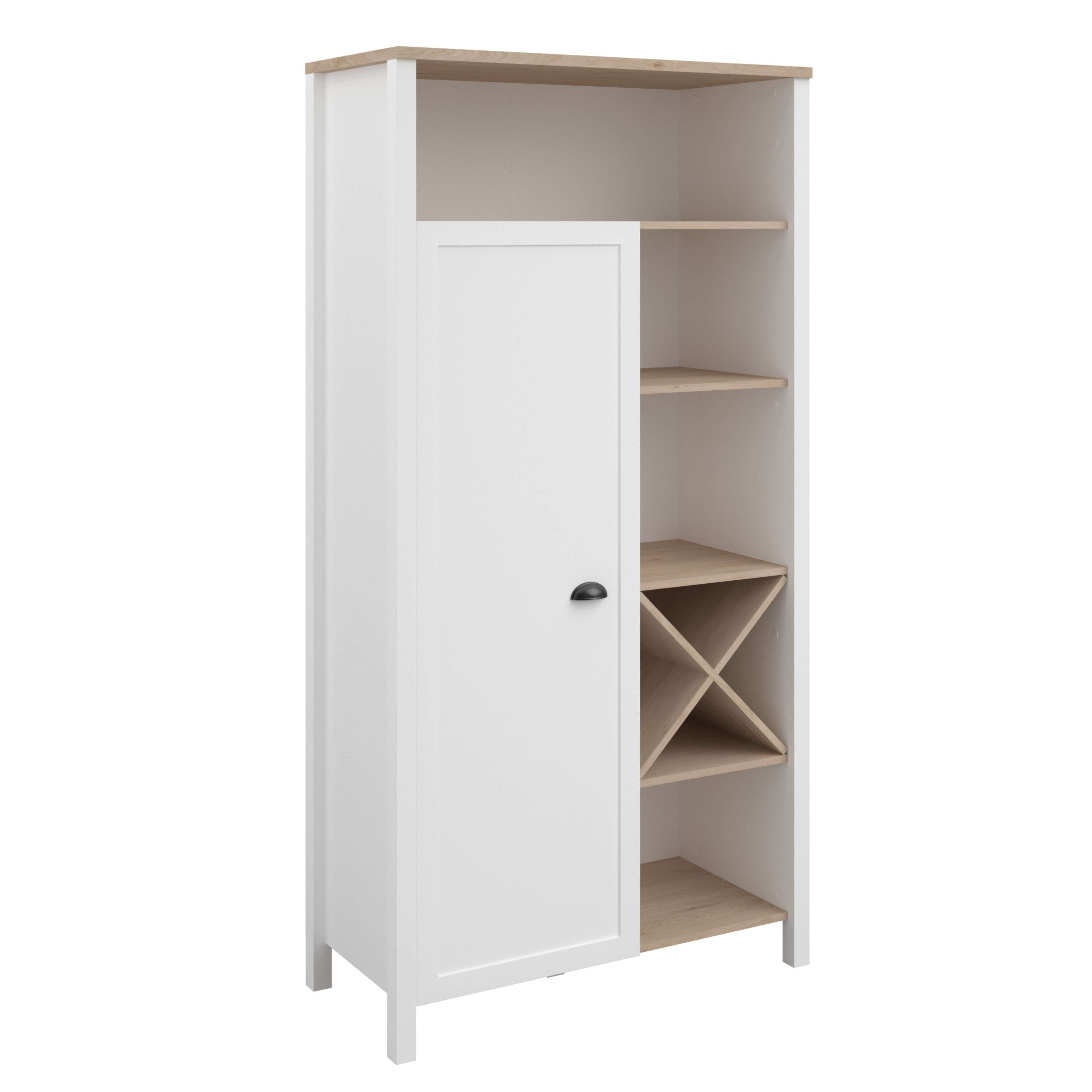 Un mueble alto blanco con detalles de madera y una sección de botellero.