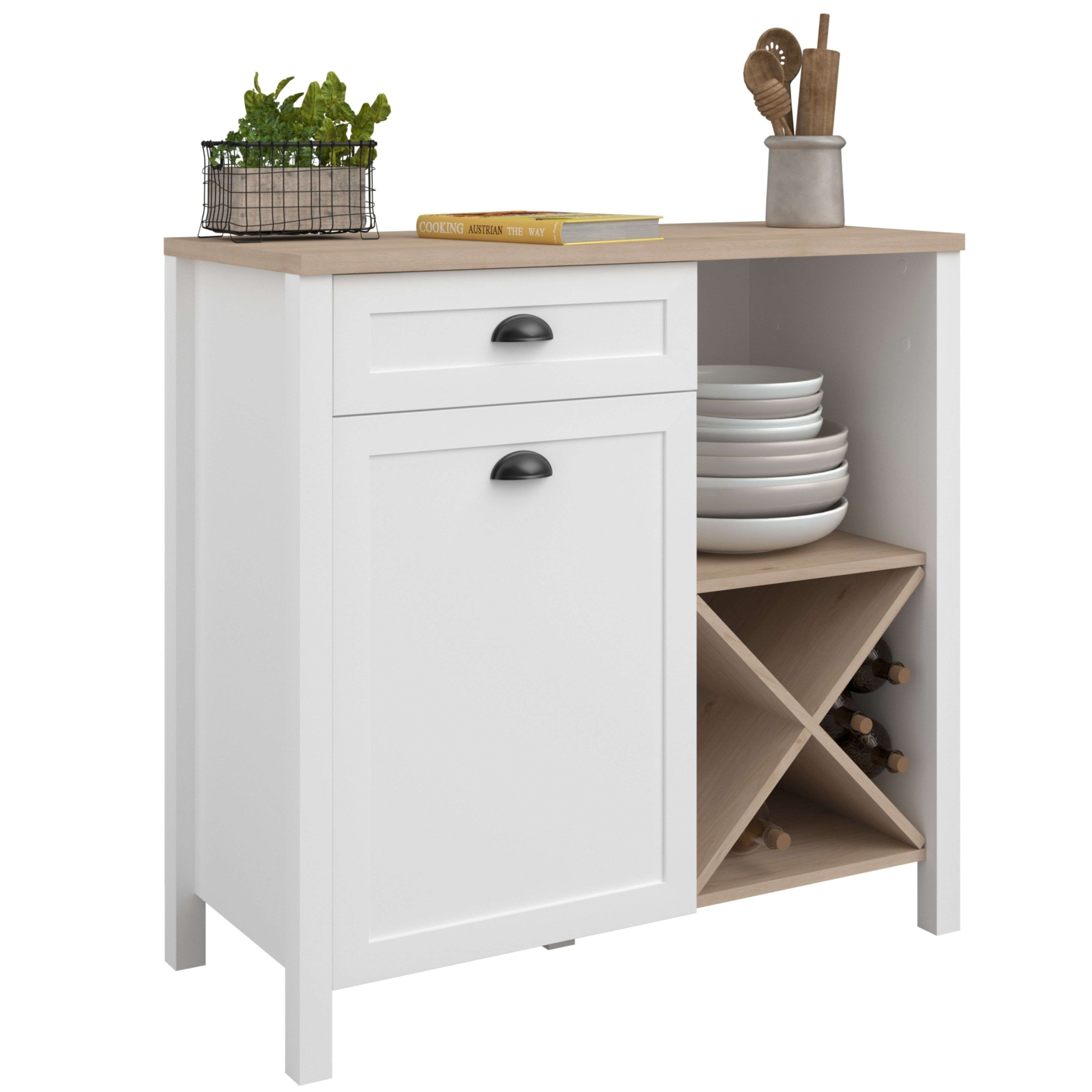 Un mueble de cocina blanco con tapa de madera, cajón, puerta, platos y bodega.
