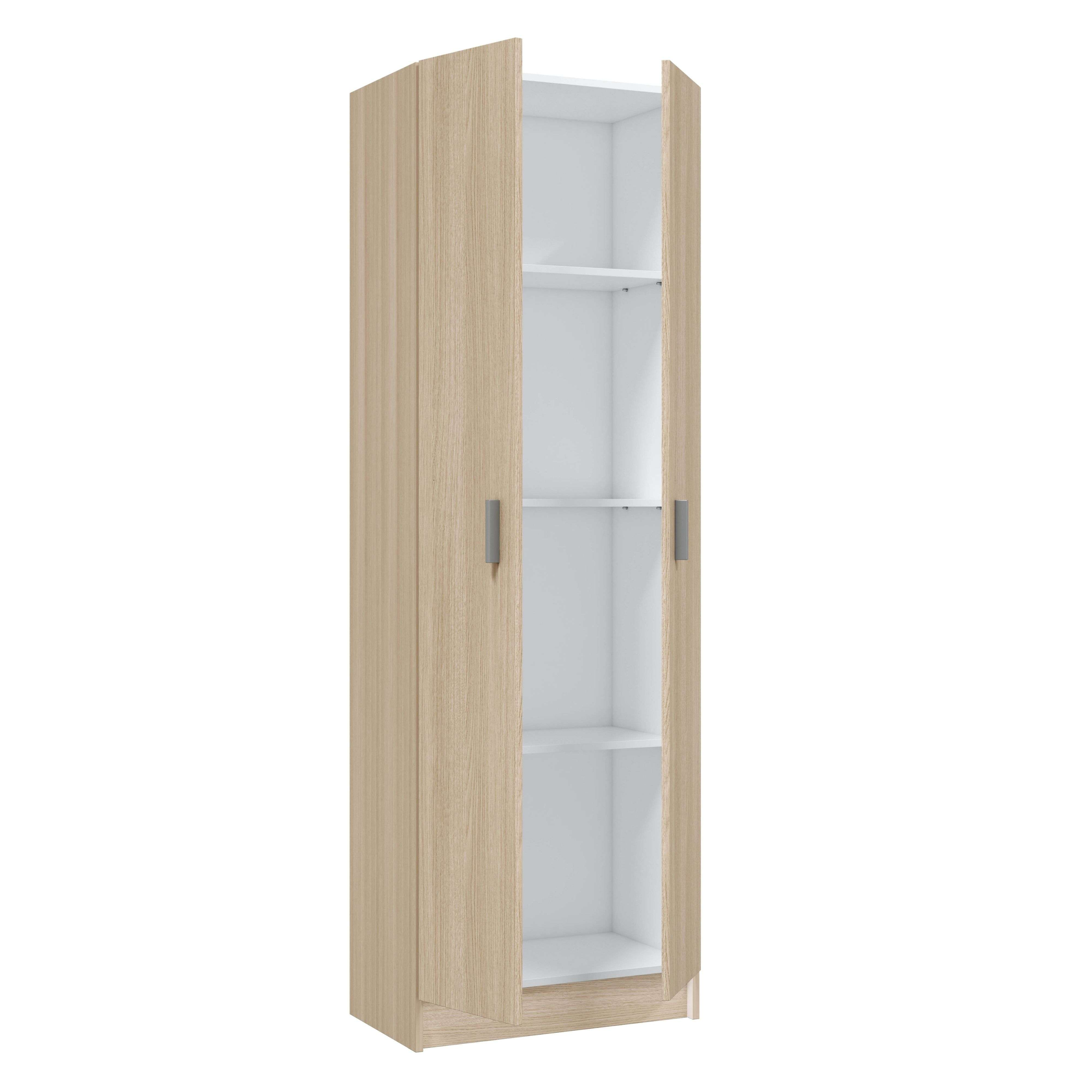 Armario alto y estrecho con puertas de madera y estantes blancos.