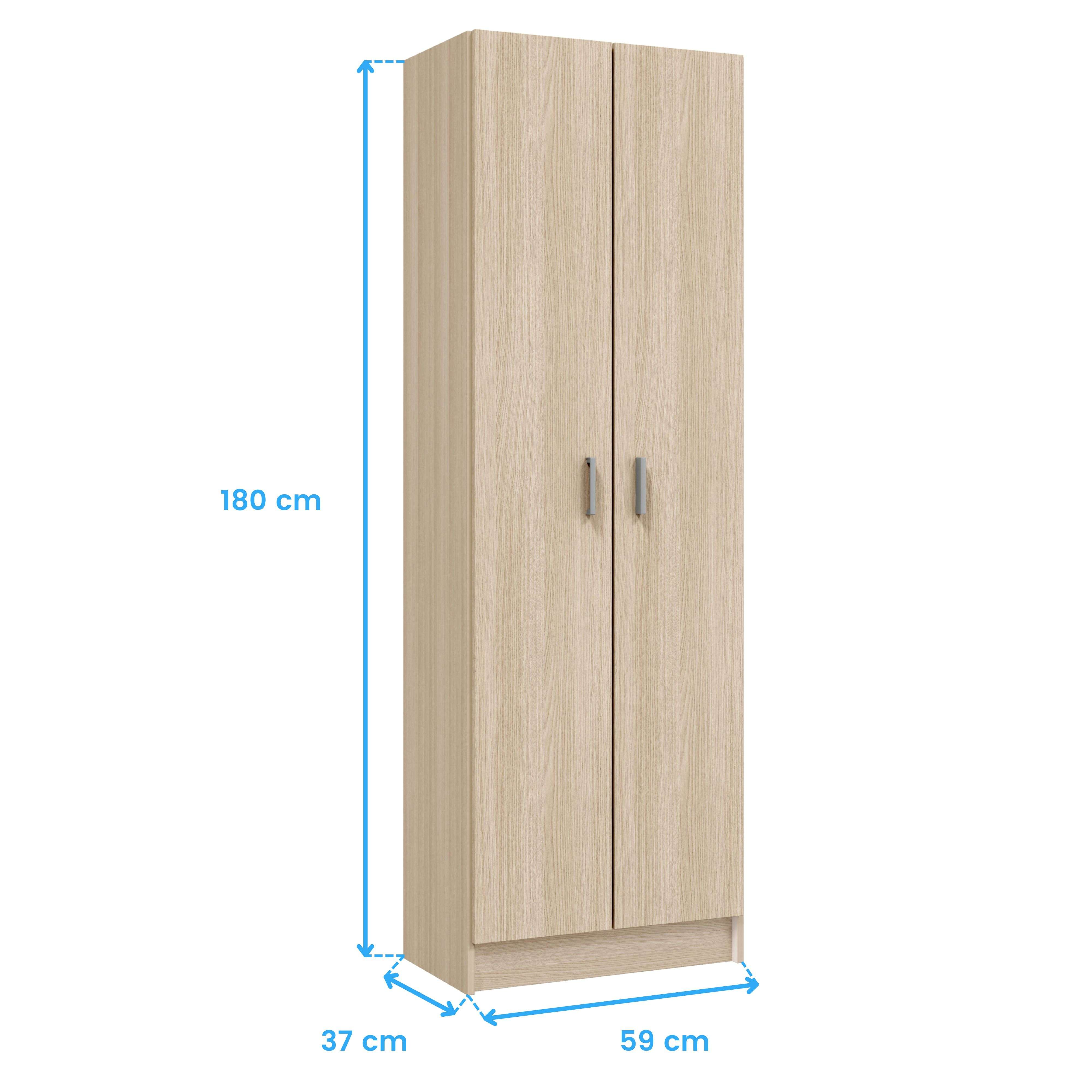 Un armario alto y estrecho con dos puertas de madera y tiradores plateados.