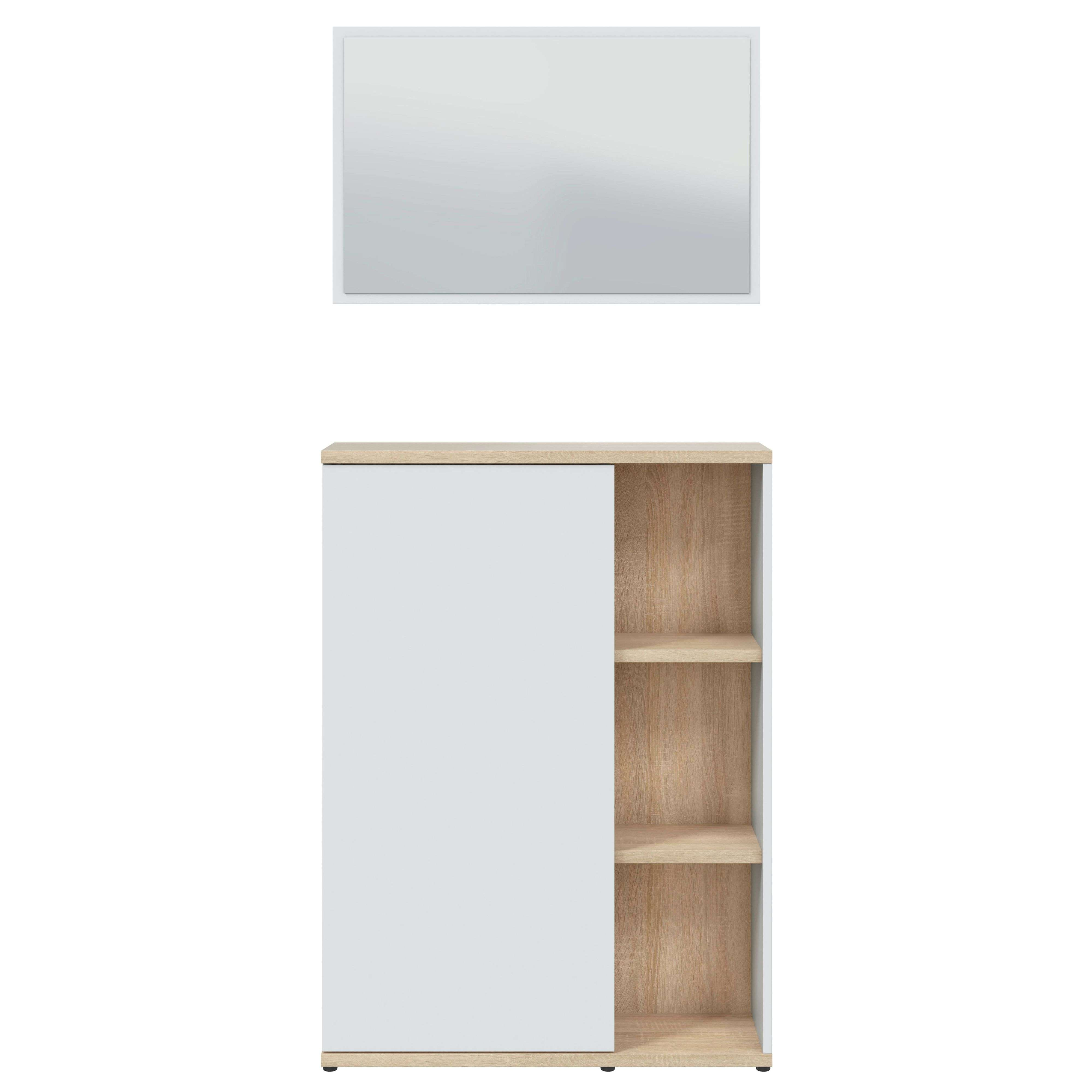 Un armario blanco con detalles de madera y un espejo encima.