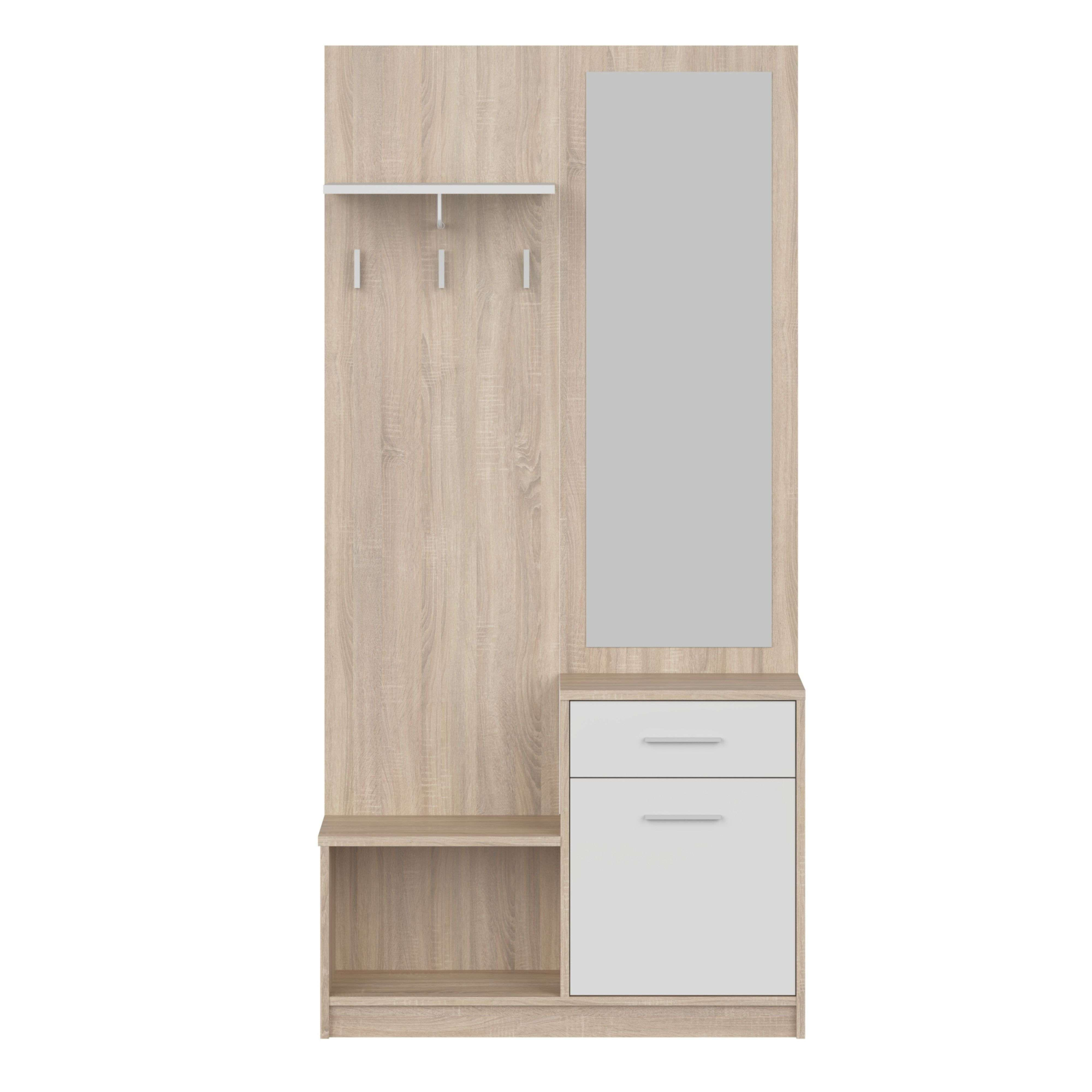 Un mueble de recibidor de madera clara con espejo, ganchos y baldas.