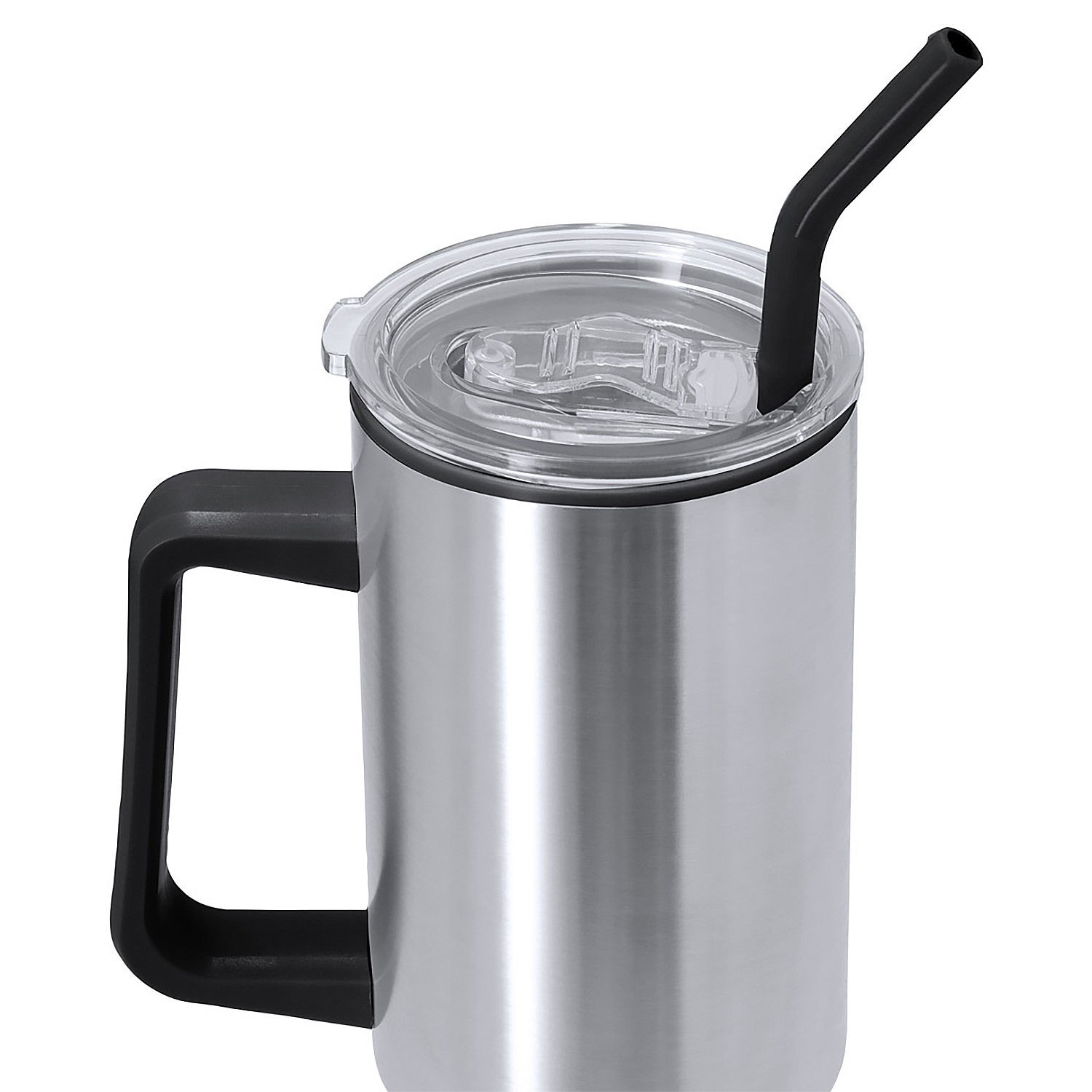 Silberne Thermoskanne mit schwarzem Griff und schwarzem Strohhalm.