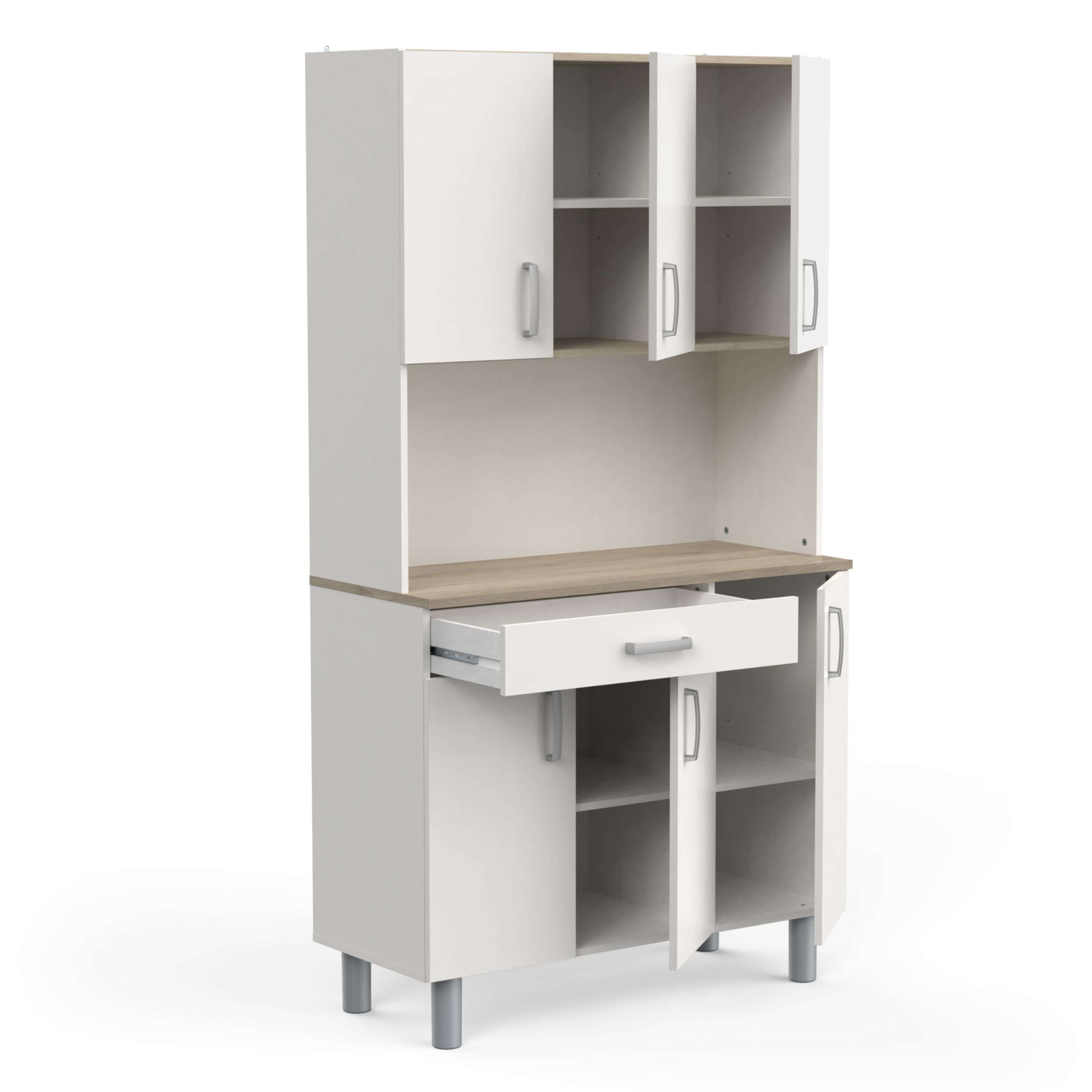 Un mueble de cocina blanco con tapa de madera, estantes abiertos y un cajón.