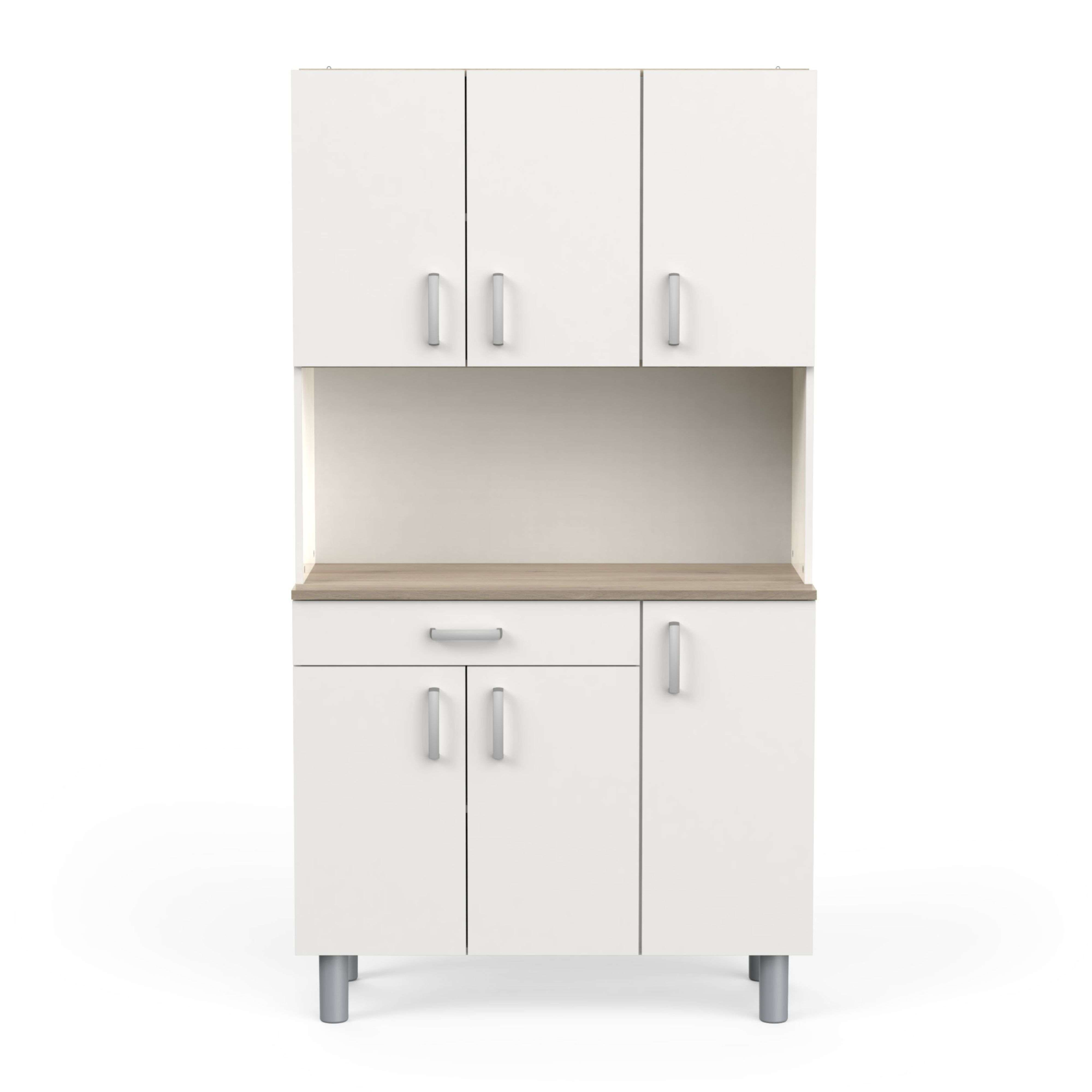 Un mueble de cocina blanco con tapa de madera, cajón y puertas.
