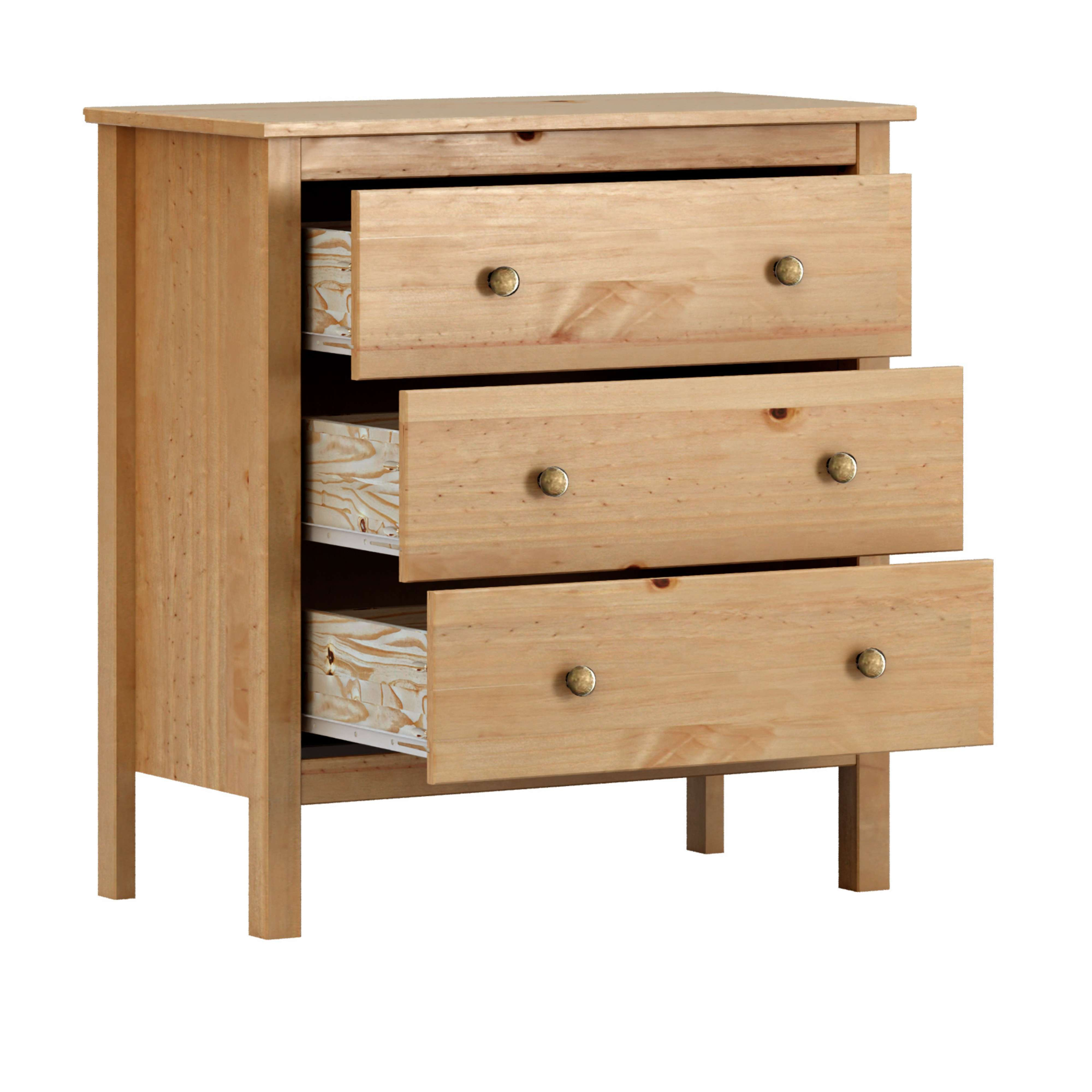 Una cómoda de madera con tres cajones, todos con tiradores redondos.