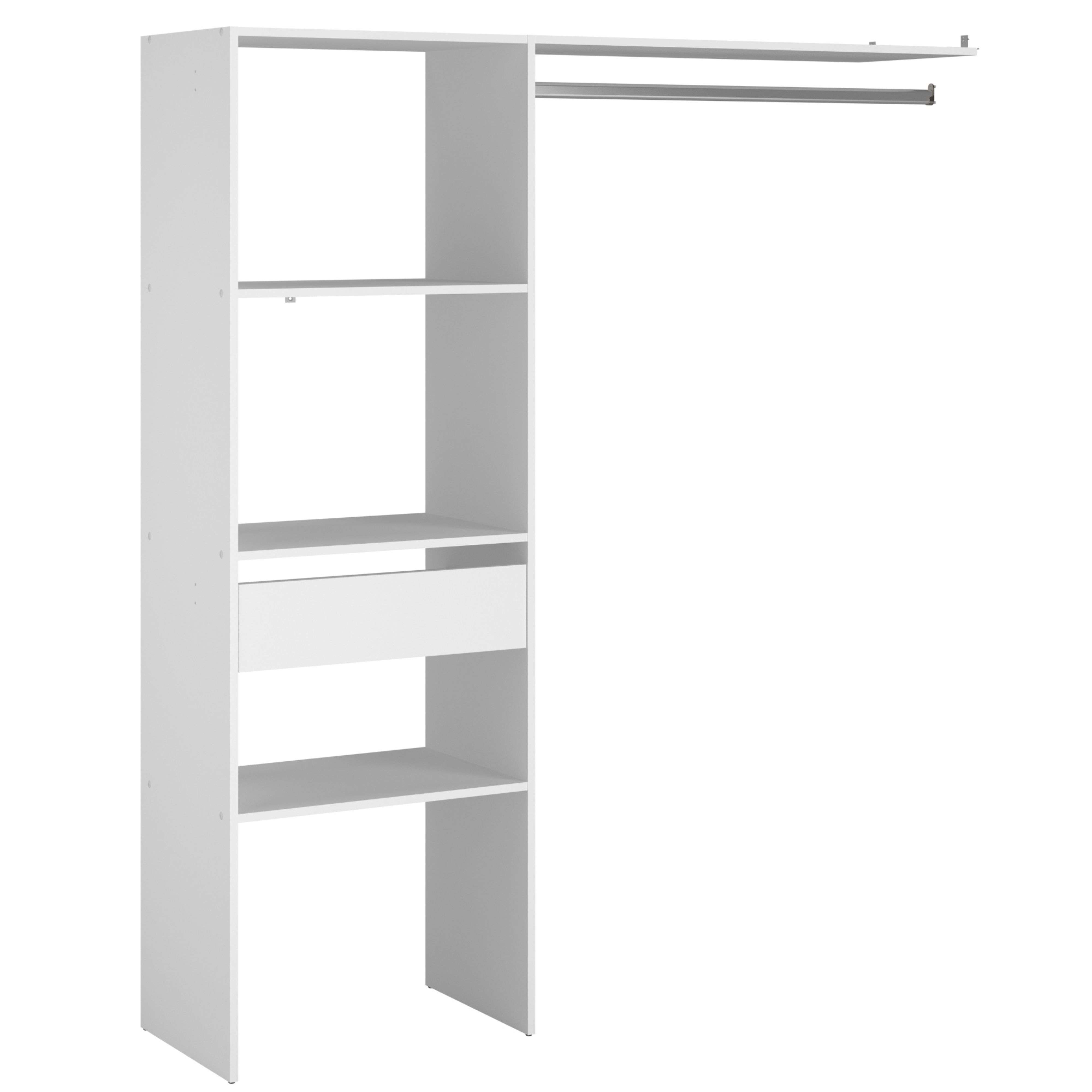Mueble de armario blanco con estantes y barra para colgar.